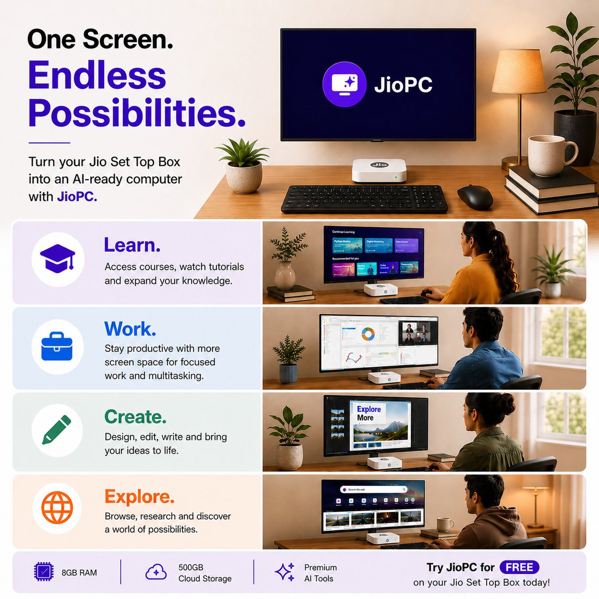 OfficialJioPC's tweet photo. From ideas to action. 💜
Discover what you can do with JioPC for FREE - https://t.co/vaPVd82Pi0
#JioPC #CloudPC #AI #DigitalIndia #FutureOfWork #Productivity https://t.co/J8eVj5aixd