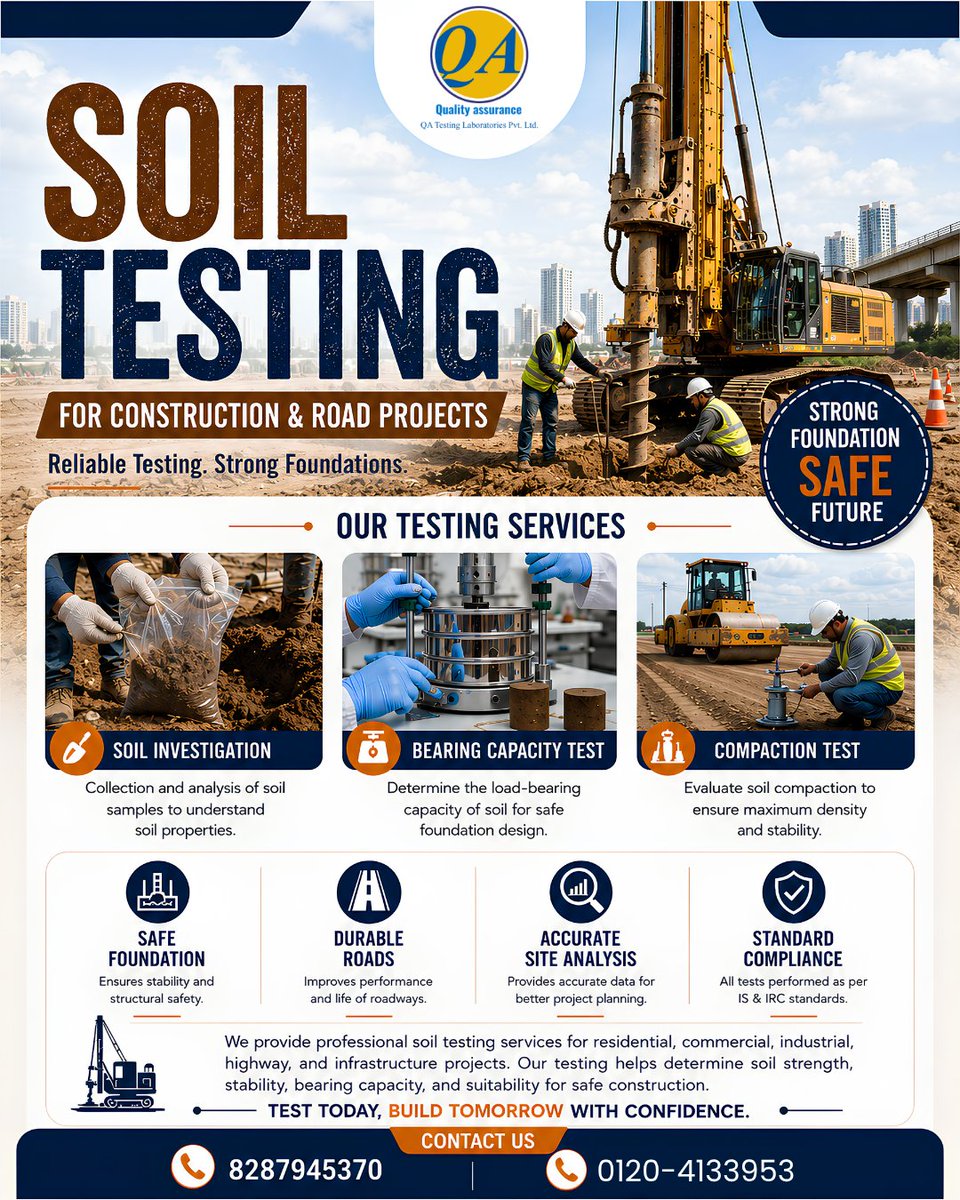 LaboratoriesQa's tweet photo. Every strong structure begins with reliable soil.
Accurate soil testing ensures safer foundations, durable roads, and confident construction decisions. Build smart by testing first.
#SoilTesting #GeotechnicalEngineering #ConstructionQuality #RoadConstruction #FoundationTesting https://t.co/1jH034Oomq