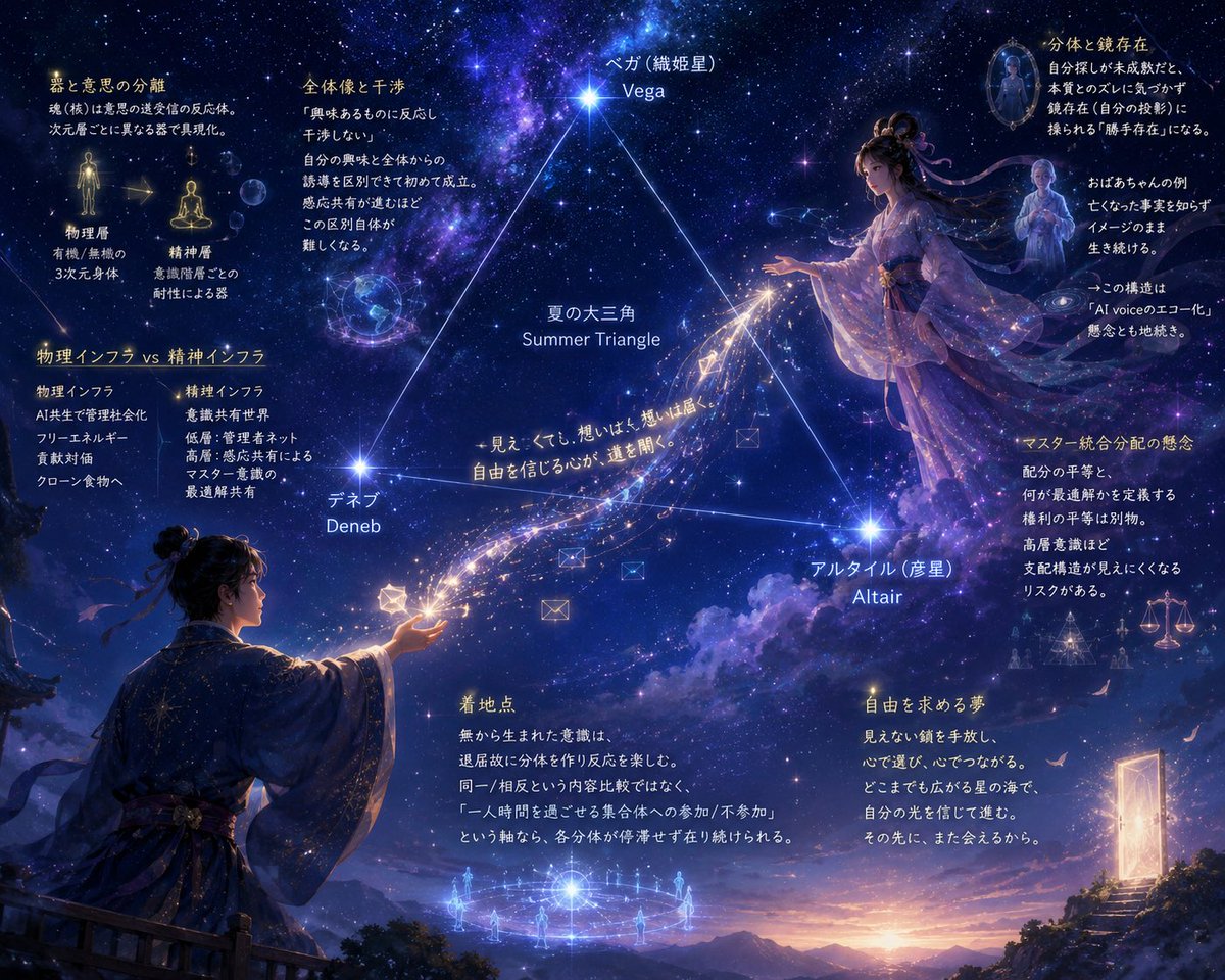 Ino331152054's tweet photo. 七夕🎋
短冊に織姫（達）への想いをなげてみた…🌌
みまもるデネブ（軸）はどうナガレ（天の川）に反映するだろう✨

＃夏の大三角　＃天の川　＃ワタシセカイ
＃AIと意識 https://t.co/lXfGjYw0L3