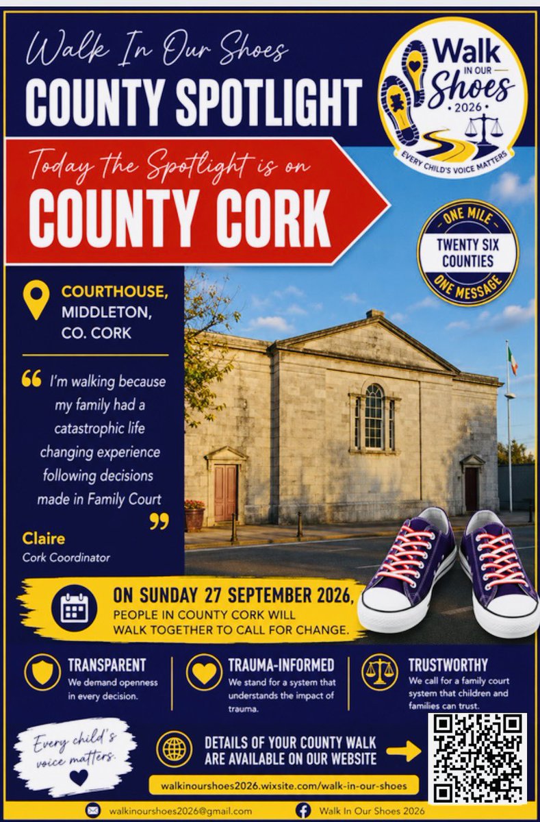 walkinourshoes2's tweet photo. ๐๏ธ COUNTY SPOTLIGHT โ CORK ๏ฟผ
On Sunday 27 Sept 2026, people across Cork will walk in Midleton for a transparent, trauma-informed and trustworthy Family Court system.
๐ One Mile. Twenty-Six Counties. One Message.
๐ https://t.co/CxC7ScH1Im
#WalkInOurShoes2026 #CountyCork https://t.co/hQeNWZr5VK