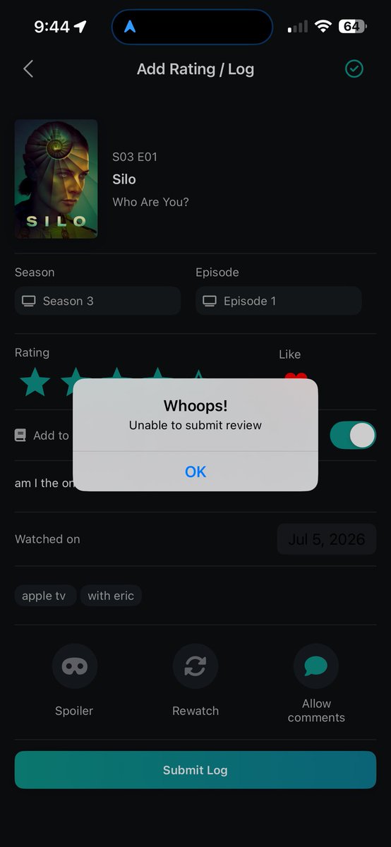 mcklovescontent's tweet photo. @serializd there’s an “unable to submit review” bug going on right now, in case this is brand new information for your team https://t.co/N7GDwGkETY