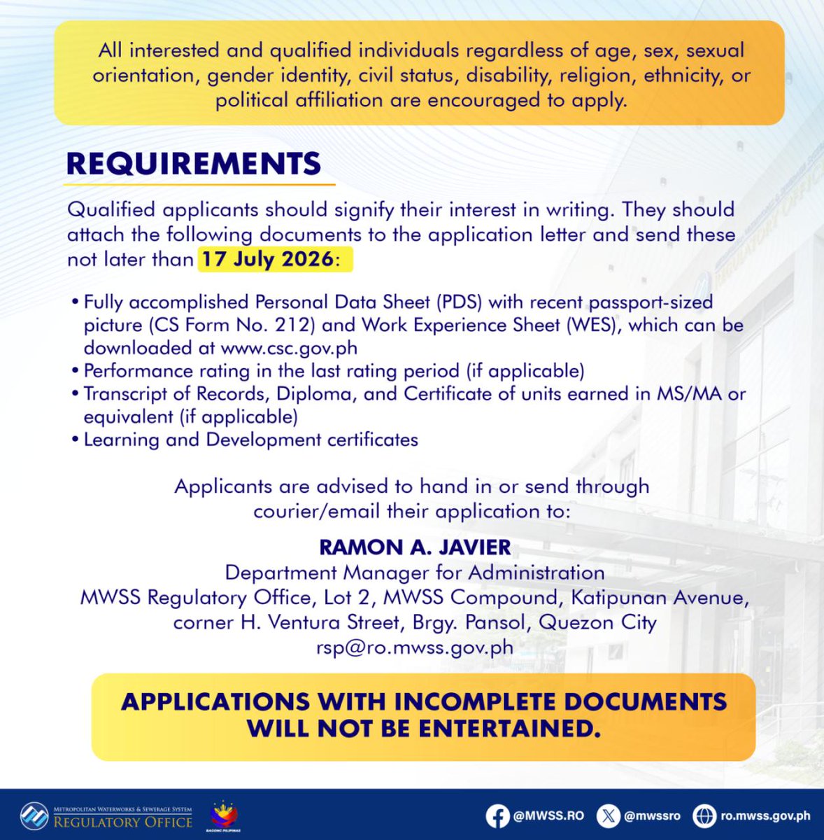 mwssro's tweet photo. The @mwssro is hiring!

Open Positions

💧 Media and Stakeholder Relations Officer II
      (Contract of Service; PhP 44,148 /month)
      Application deadline:  17 July 2026 https://t.co/X3UJDkSd6x