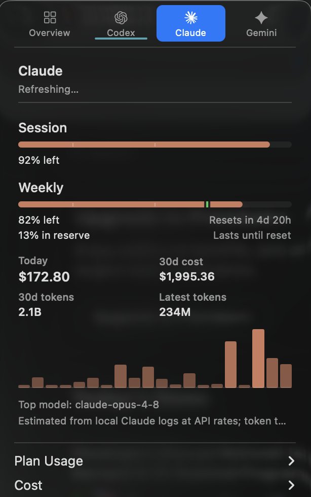 seekinggradient's tweet photo. CodexBar is honestly great. It's also a misnomer. 

The Mac Menu Bar also shows your Claude Code and Gemini usage in addition to Codex and has a bunch of goodies, including telling you how you are projected to be doing in terms of your rate limits. https://t.co/n33JNpZLMy