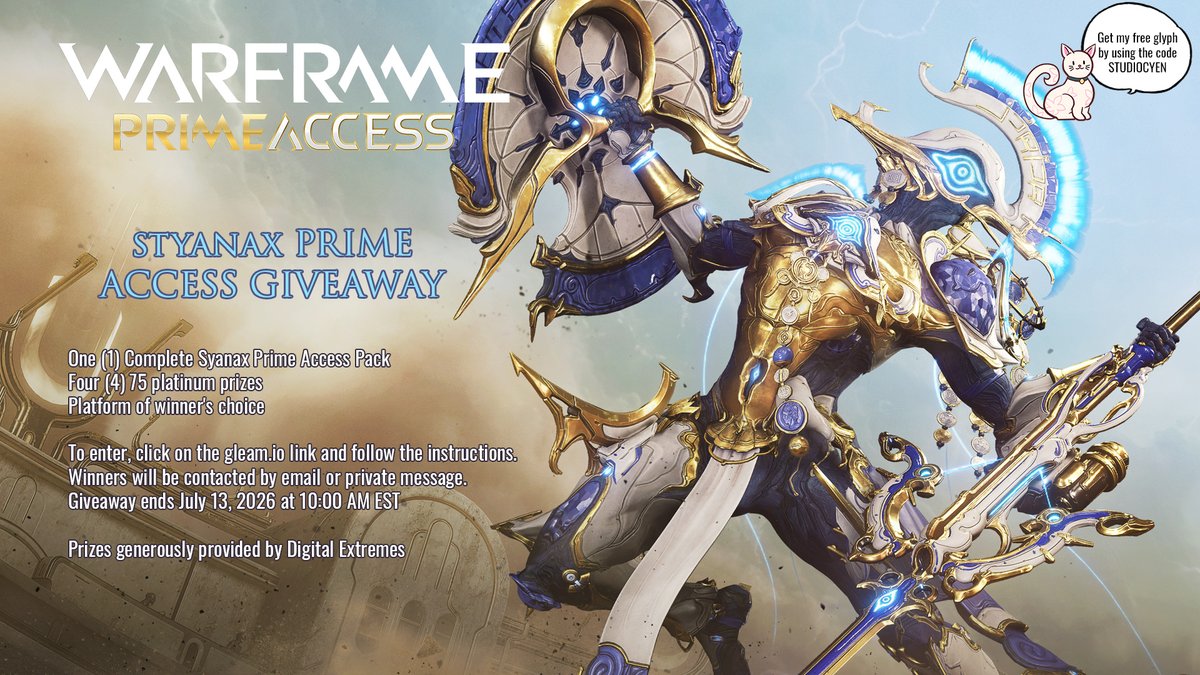 studiocyen's tweet photo. For a chance to win 🔱Styanax Prime Access🔱 or one of four 75 Plats  prizes, enter at gleam io. Giveaway starts on 7/6 at 4 AM ET and ends on  7/13 at 10 AM ET. Good luck!

Many thanks to Digital Extremes for providing the prizes #giveaway #warframe https://t.co/TcEEsAbALP https://t.co/0uqdQGq7CT