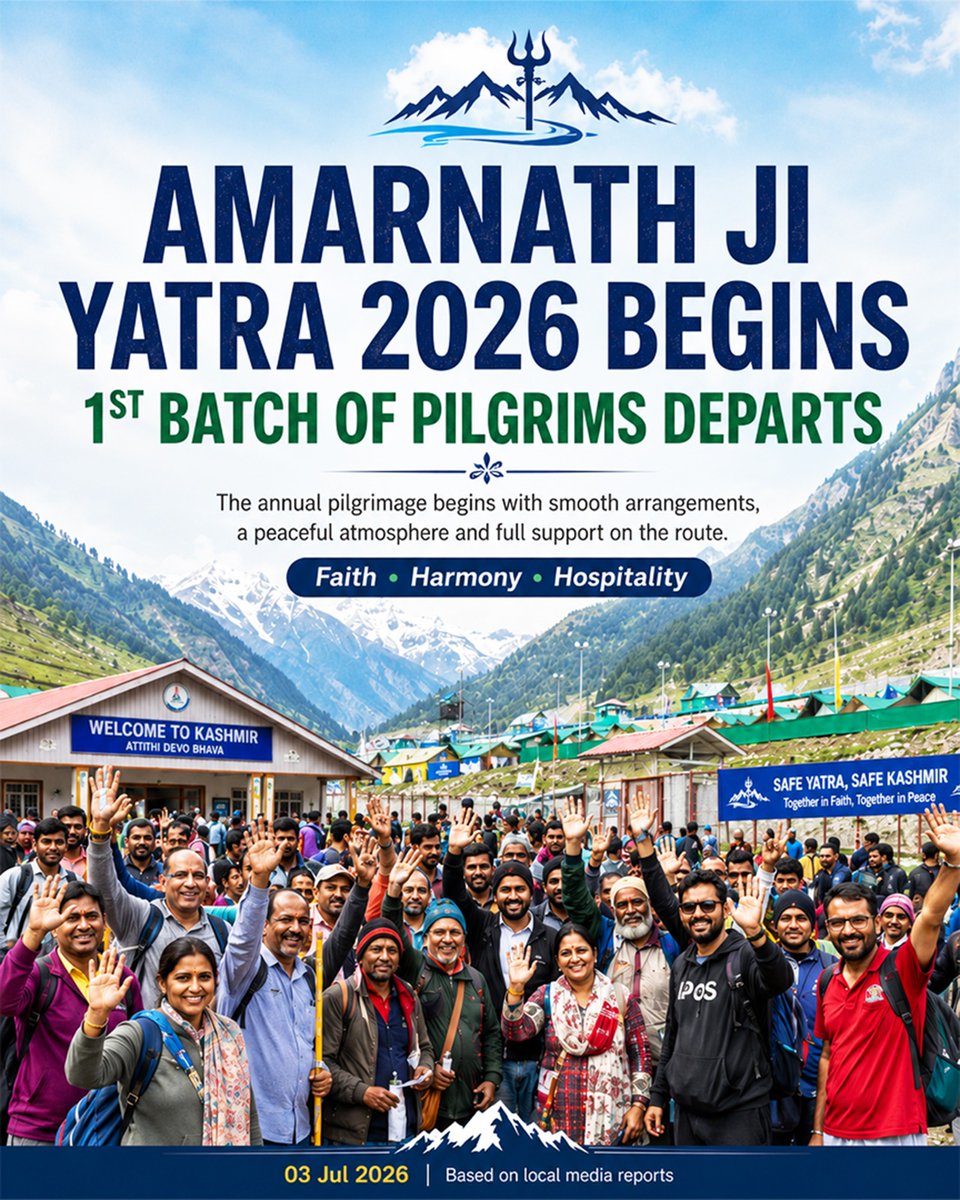Safiyam49937636's tweet photo. The #AmarnathYatra2026 begins with faith, peace, and seamless arrangements as the first batch of pilgrims embarks on the sacred journey. Wishing all devotees a safe and blessed Yatra. 🙏📷 #SafeYatra #Kashmir https://t.co/iAWbp52GXu