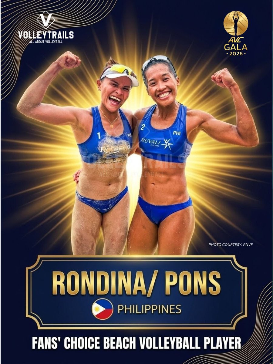 volleytrails's tweet photo. Congratulations to 🇵🇭 Sisi Rondina and 🇵🇭 Bernadeth Pons for being voted the Fans' Choice Beach Volleyball Players at the Inaugural AVC Gala 2026! 👏

This well-deserved recognition reflects the incredible support they receive from volleyball fans across Asia and their outstanding contributions to the sport.

Congratulations once again, Sisi and Bernadeth! 🇵🇭❤️

#Volleyball #BeachVolleyball #AVCGala2026 #AlasPilipinas