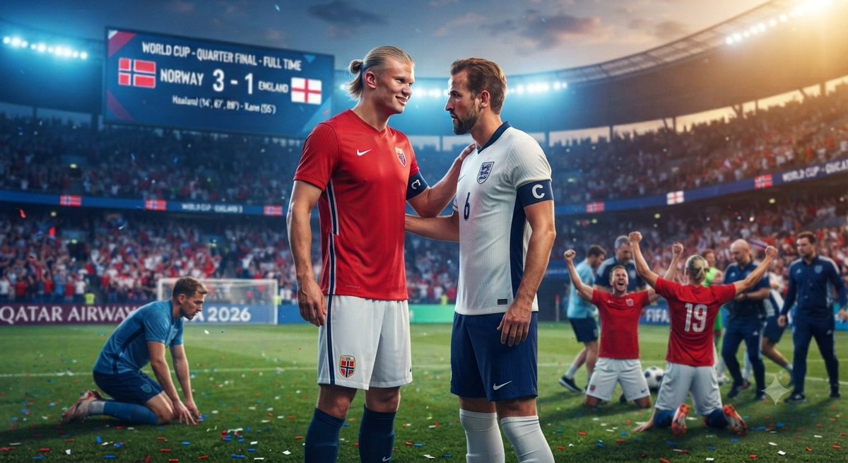 Jadcrypt02's tweet photo. VIKING TRIUMPH! 🇳🇴🦁 Haaland's hat-trick heroics lead Norway to a stunning 3-1 upset over England in the World Cup Quarter-Final! A classy moment of respect between the captains at full-time. 👏⚽ THIS IS WHAT'S GOING TO HAPPEN 🔥🤭 BOOKMARK THIS NOW!!!!#NORvENG #WorldCup2026 #Haaland #Kane