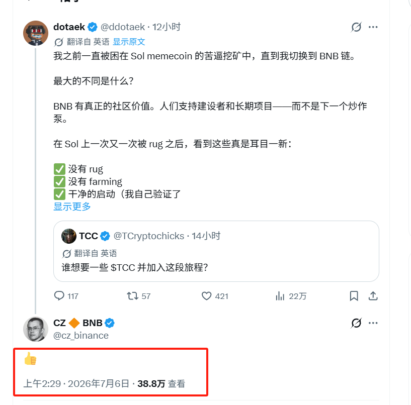daixiexie's tweet photo. 关于 $TCC 的核心焦点：CZ点赞回复时看到CA了吗？

我的答案是：绝对看到了。

翻看CZ近期的推特动态，在长达一整天（凌晨到现在）的时间里，他仅回复了 TCC 这一条推文。

如果他频繁互动，可能会漏看；但他一天只精选一条进行回复，足见其互动极其谨慎。这个CA，他不可能没注意到。就回复了一条推文，可想而知他的互动是有多谨慎。