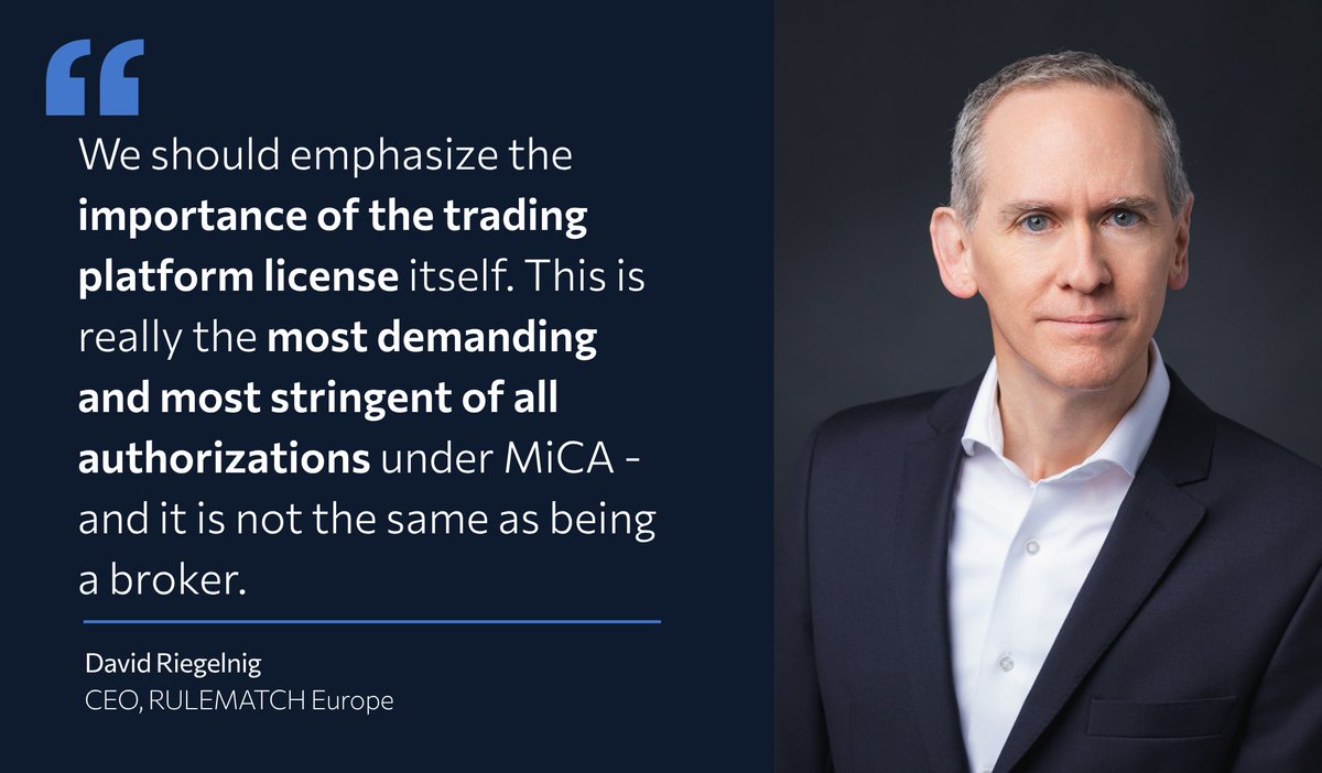 rulematch's tweet photo. 💡Not all MiCA licenses are the same. RULEMATCH Europe holds a MiCA trading platform license - meaning that it acts as a neutral market operator for trading infrastructure.

As a trading platform, RULEMATCH offers non-discretionary trading in a multi-broker model and never acts as a counterparty itself.

RULEMATCH CEO David Riegelnig discusses what this means for institutional crypto markets in this interview with @Nasdaq ⤵️