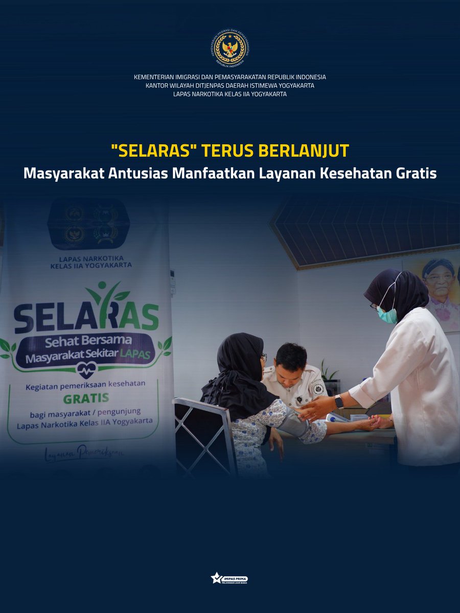 lapsustik_yk's tweet photo. SELARAS Kembali Hadir untuk Masyarakat!

Lapas Narkotika Kelas IIA Yogyakarta kembali melaksanakan program SELARAS (Sehat Bersama Masyarakat Sekitar Lapas) pada Senin (06/07/2026).

Sehat bersama, bermanfaat untuk sesama. https://t.co/g1qUOXQp2y