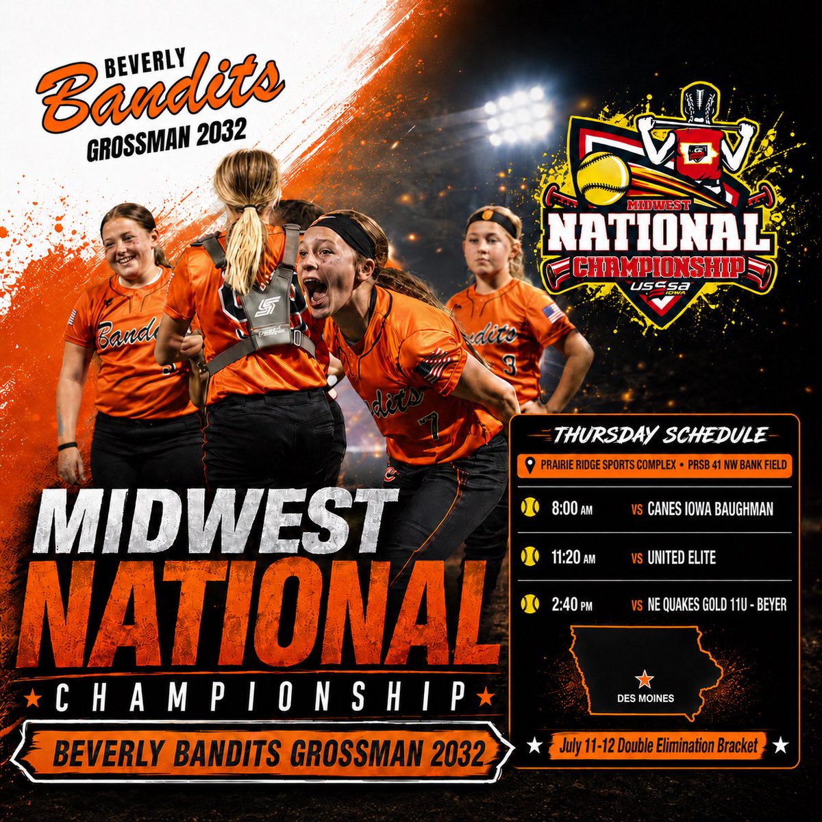 bandits2032's tweet photo. Finishing our 11u season in Des Moines, Iowa this week at the @USSSA Midwest 11a National Championships!! 

What an incredible season it has been, but we aren’t done yet! 🟠🥎⚫️ https://t.co/LtC15TKpCp