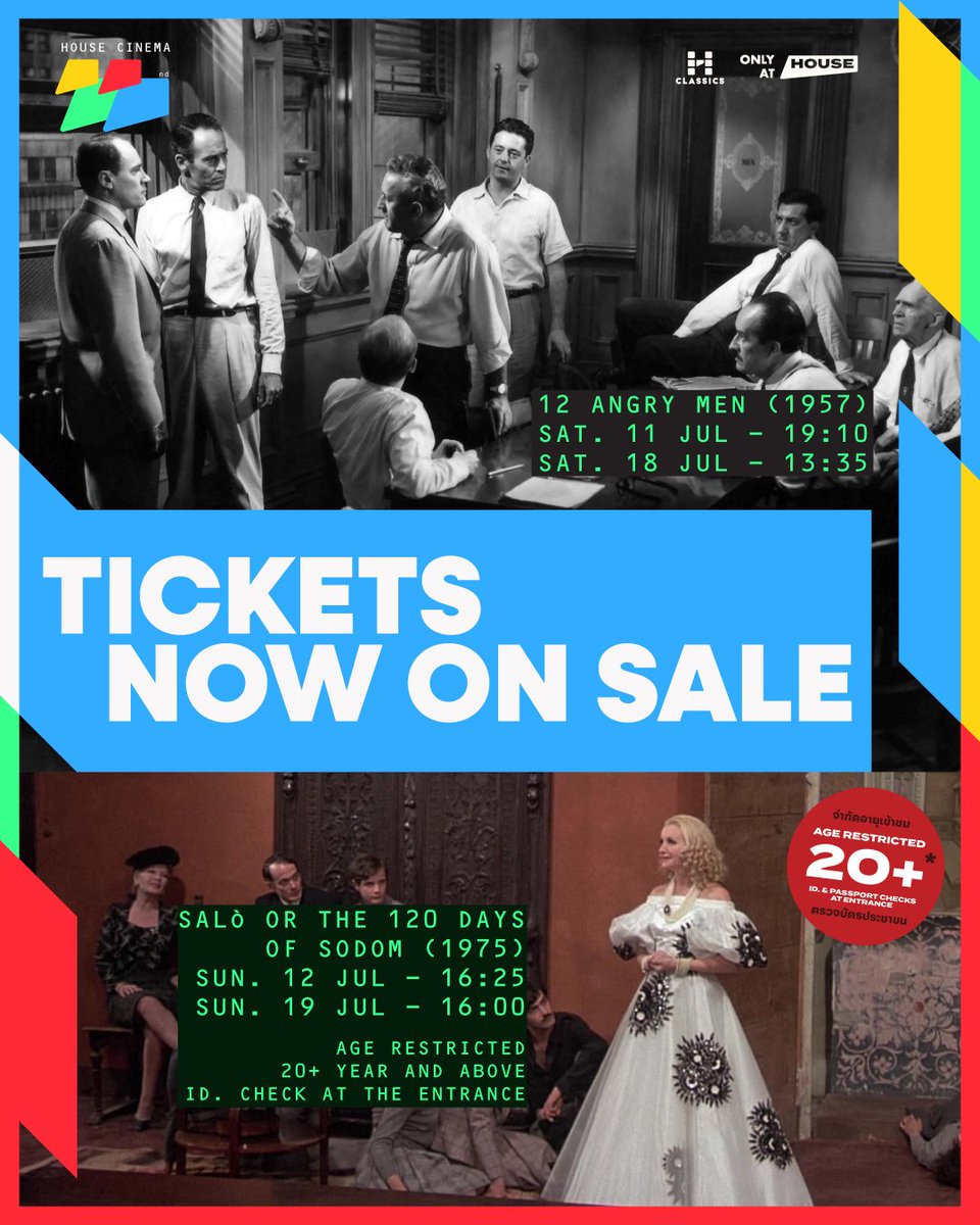 houseSamyan's tweet photo. คลาสสิกสุดเดือดสองสไตล์ 12 Angry Men (1957) โดย Sidney Lumet และ Salò or the 120 days of Sodom (1975) โดย Pier Paolo Pasolini กลับมาฉายอีกครั้งกลางเดือน กรกฎาคมนี้ ฉลองครบรอบ 22 ปีโรงภาพยนตร์ HOUSE เปิดให้จองตั๋วแล้ว รีบจองด่วน !
🎟️ จองตั๋วที่ APP: House Cinema https://t.co/OwYcKxuTIP
