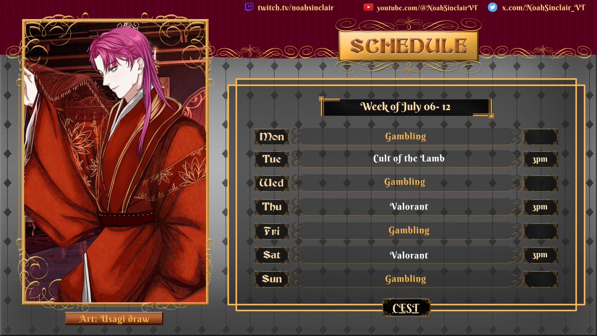 NoahSinclair_VT's tweet photo. 【WEEKLY SCHEDULE】
LETS GROW THIS CULT (don't kill each other this time please)

🗓️ July 06- July 12
📷Live at: the usual

#envtuber #Vtuber #NoahSinclairVT https://t.co/irHrhDYIgB