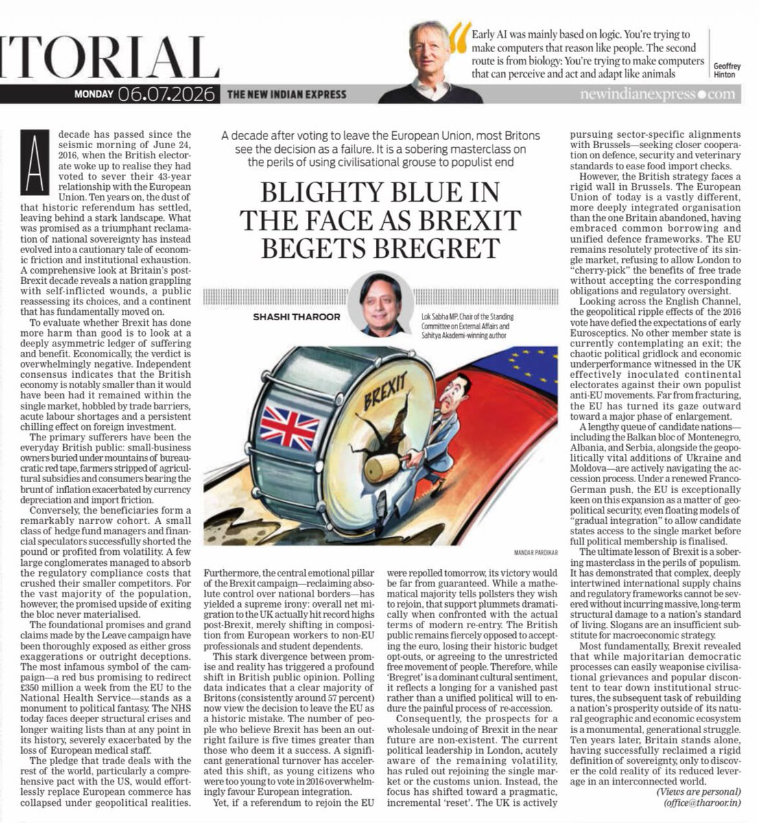 ShashiTharoor's tweet photo. In the @NewIndianXpress today, I review the gains (few) and losses (plenty) of #Brexit, exactly a decade after British voters chose to end their 43-year membership of the European Union. Has the hollow bravado over a reassertion of sovereignty given way to overwhelming #Bregret? https://t.co/INiG9R3aQV