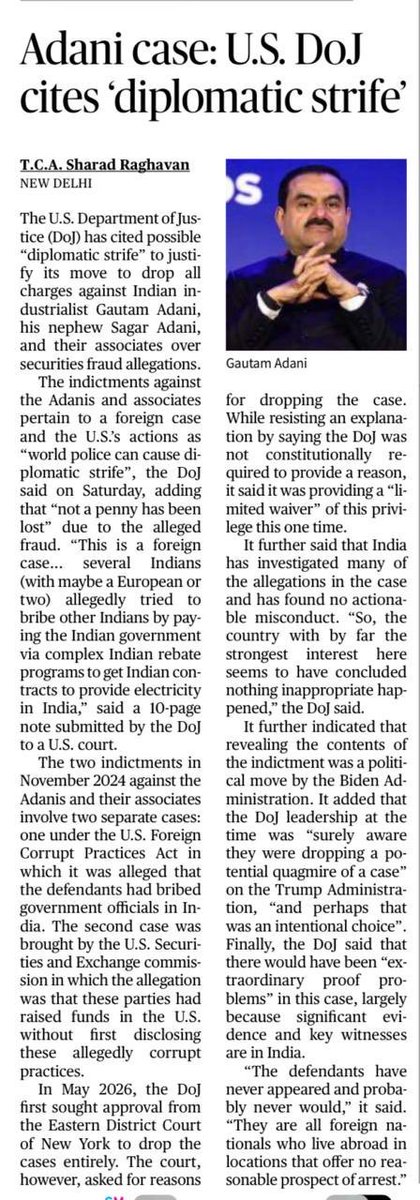 pbhushan1's tweet photo. Trump’s Dept of Justice has sought to justify the dropping of a serious charge of bribery against Adani, by saying that pursuing the case would lead to ‘diplomatic strife’ with India.
Means, the Modi govt would be upset if the case is pursued!
So Modi is sacrificing our interests for Adani