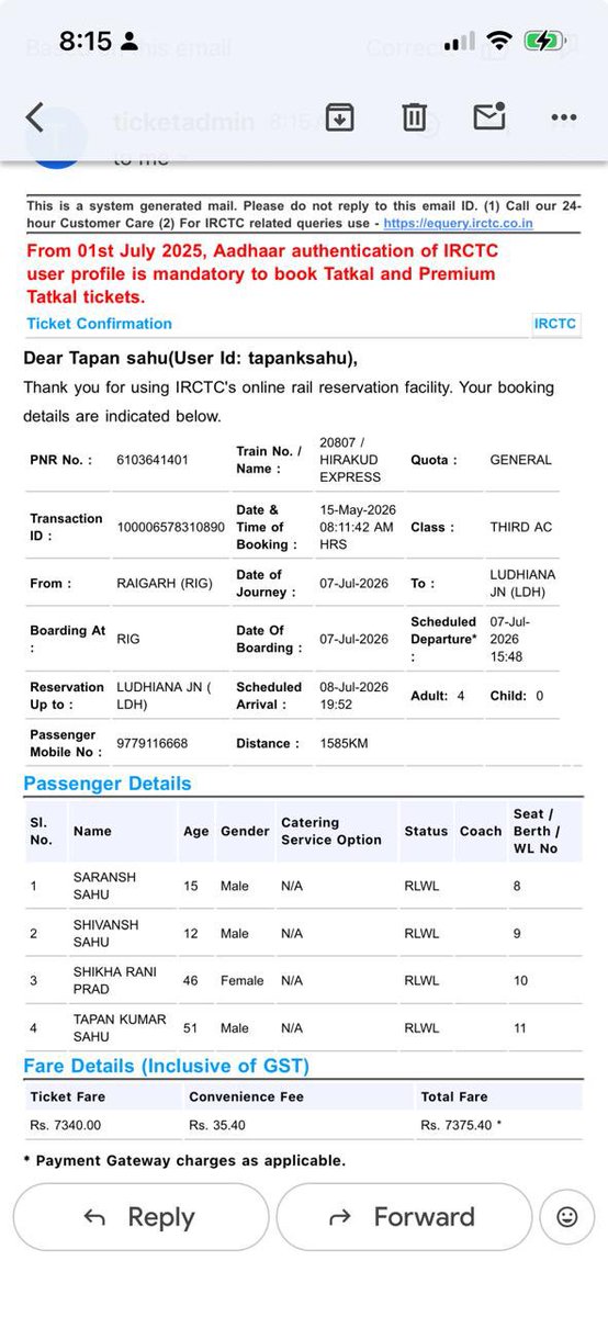 Drtapansahu's tweet photo. Booked on 15 May for travel on 7 July—over 50 days in advance—yet my 3AC ticket (PNR: 6103641401) is still RLWL 8/9/10/11 but Tatkal availability raises serious questions about the fairness of the reservation system. Why should passengers who plan early suffer @AshwiniVaishnaw https://t.co/uURa3c7kC4