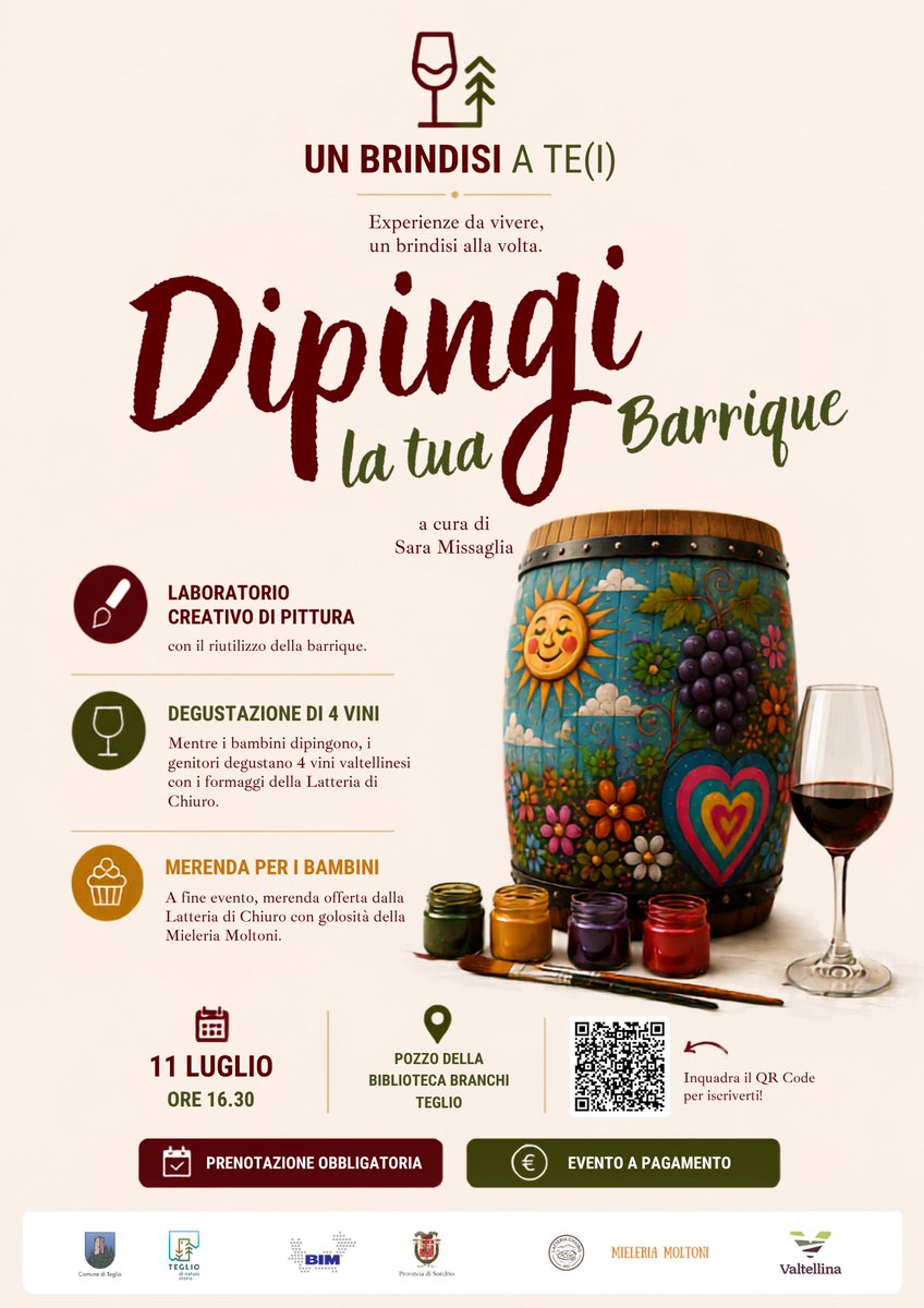 missaglia_sara's tweet photo. 🎨🍷 Un pomeriggio pensato per tutta la famiglia!

L’11 luglio, alle 16.30, vi aspettiamo a “Un Brindisi a Tei – Dipingi la tua Barrique” per un’esperienza dove creatività, sostenibilità e convivialità si incontrano. 🌿✨ https://t.co/g4BrCdbAjX