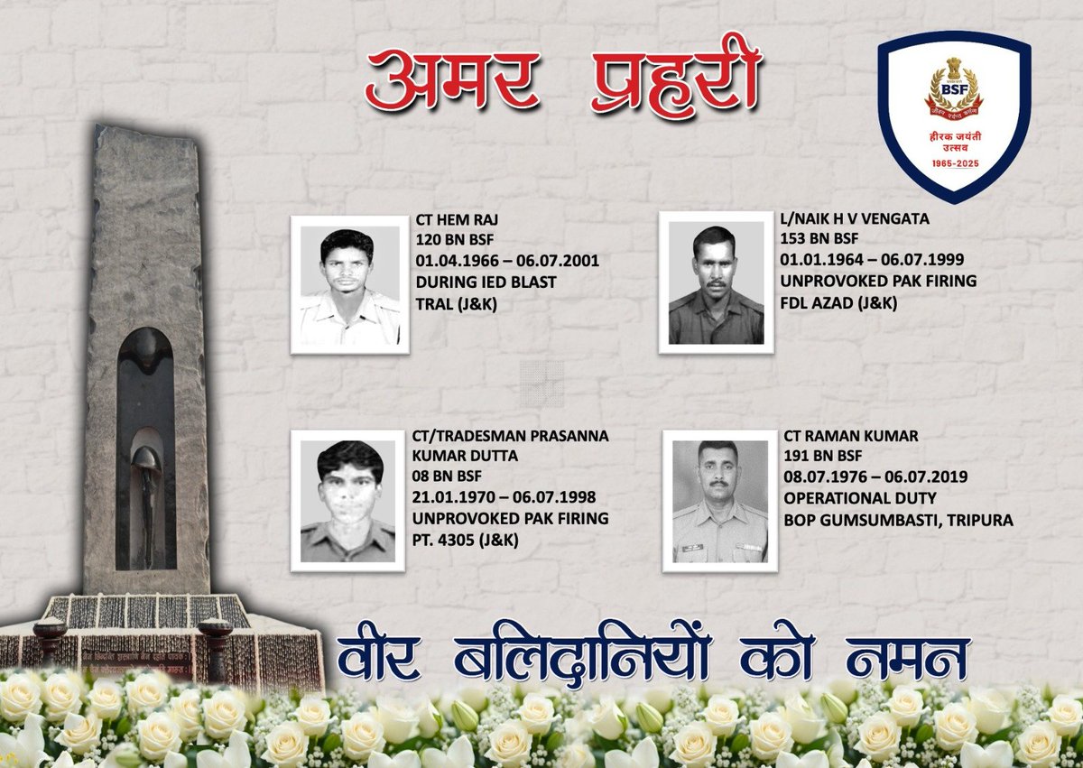 BSF_India's tweet photo. ६ जुलाई  
#अमरप्रहरी 
सम्मुख असंख्य बाधाएँ हैं, गरदन मरोड़ते बढ़े चलो,
अरुणोदय है, यह उदय नहीं, चट्टान फोड़ते बढ़े चलो।                               
                                                          -  रामधारी सिंह 'दिनकर'                                                       
#भारत_के_वीर 
#जीवनपर्यन्तकर्त्तव्य
#eShraddhanjali
#BharatKeVeer