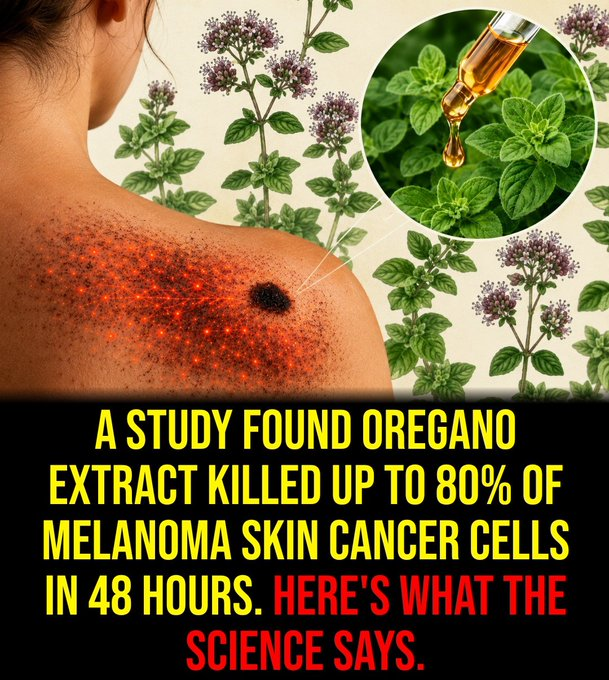 Ivermectinkart's tweet photo. A lab study found oregano extract wiped out up to 80% of melanoma cells in 48 hours, and left the healthy cells beside them alive.

It floods the cancer cells with oxidative stress until they burst, while healthy cells shrug off the same dose.

That selectivity is what chemo struggles to match.

The oregano floods the cancer cells with
oxidative stress, wrecking their
mitochondria and their DNA.
When the cells' normal death pathway fails,
they swell and burst instead. That is
necroptosis.
Healthy cells shrug off the same dose. 
Cancer cells, already under more strain, cannot.

That is the real finding from a 2020 study in the journal Foods on human and mouse melanoma cells.