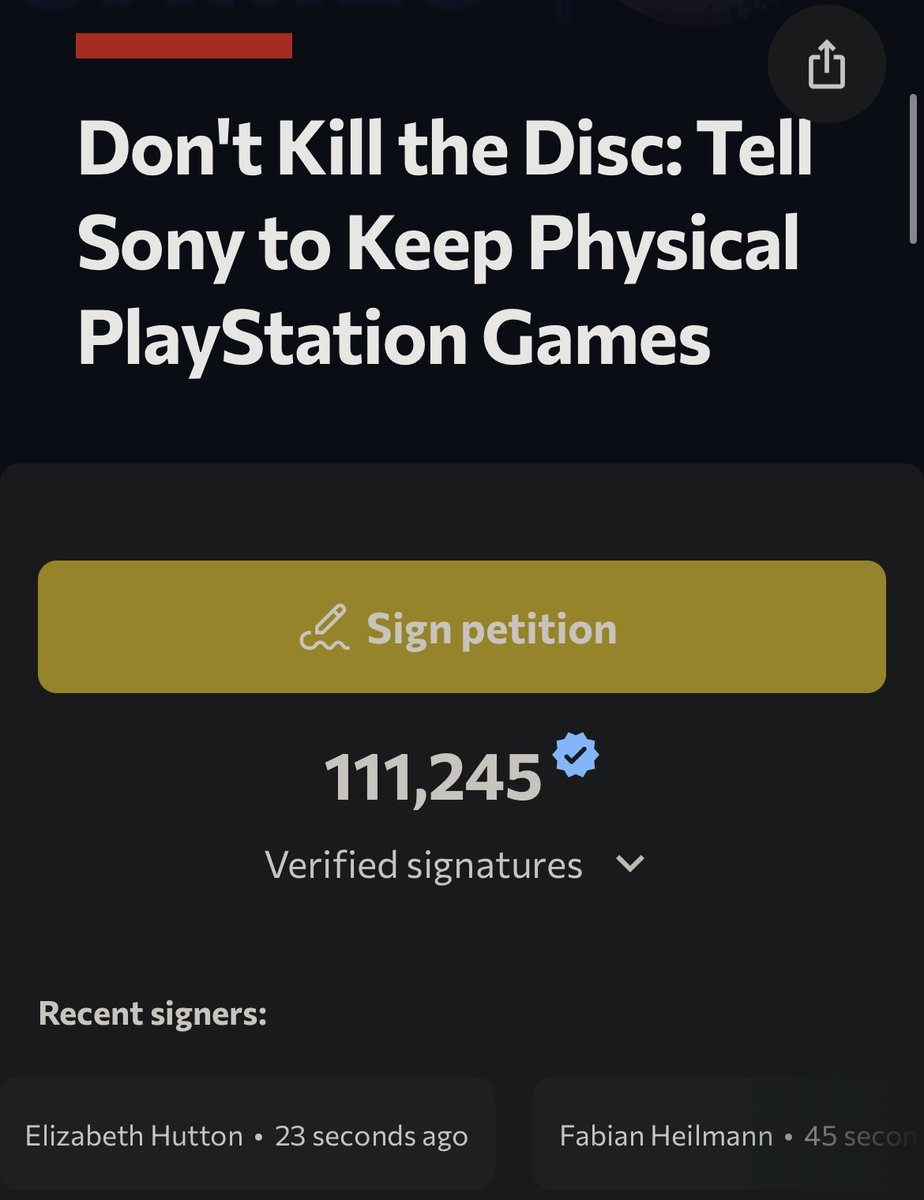 Pirat_Nation's tweet photo. The “Don’t K*ll the Disc” petition has passed 111,000 signatures just four days after it launched.

>The campaign started after Sony announced it will stop releasing new PlayStation games on physical discs in 2028. 

>Fans say physical games still matter because they can be bought, sold, traded, lent, and kept without depending on a digital store.

>Gamers say that going digital-only will hurt game preservation, give players fewer choices, and make them more dependent on Sony’s ecosystem.

https://t.co/XoFCV3lojX