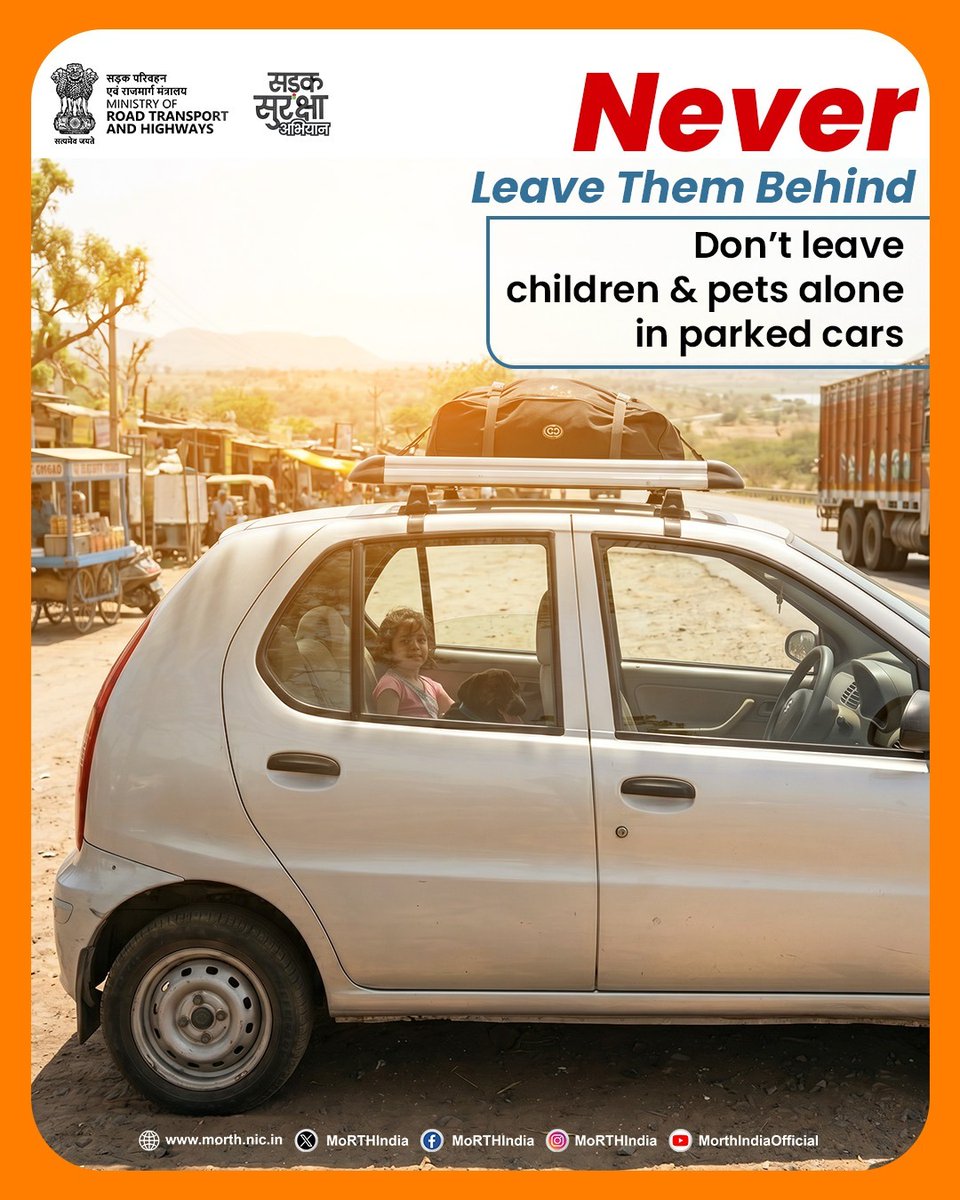 MORTHIndia's tweet photo. Think before you step away. A parked car in summer can become dangerously hot within minutes. Always take children and pets with you, no matter how brief the stop.  #SummerDrivingTips #BeatTheHeat https://t.co/ePUTlHp1a8