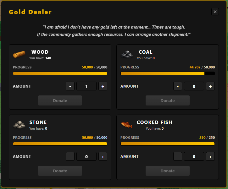 playchainera's tweet photo. Resource update! 🎉

Gold Dealer donations:
Wood: 50,000 / 50,000 ✅
Stone: 50,000 / 50,000 ✅
Cooked Fish: 250 / 250 ✅
Coal: 44,707 / 50,000

Just 5,293 coal left! We've done such an amazing job as a community huge thanks to everyone who donated. 

Let's finish this together and bring that gold shipment to our early players. make sure you're in it!

https://t.co/GRL8396DeN