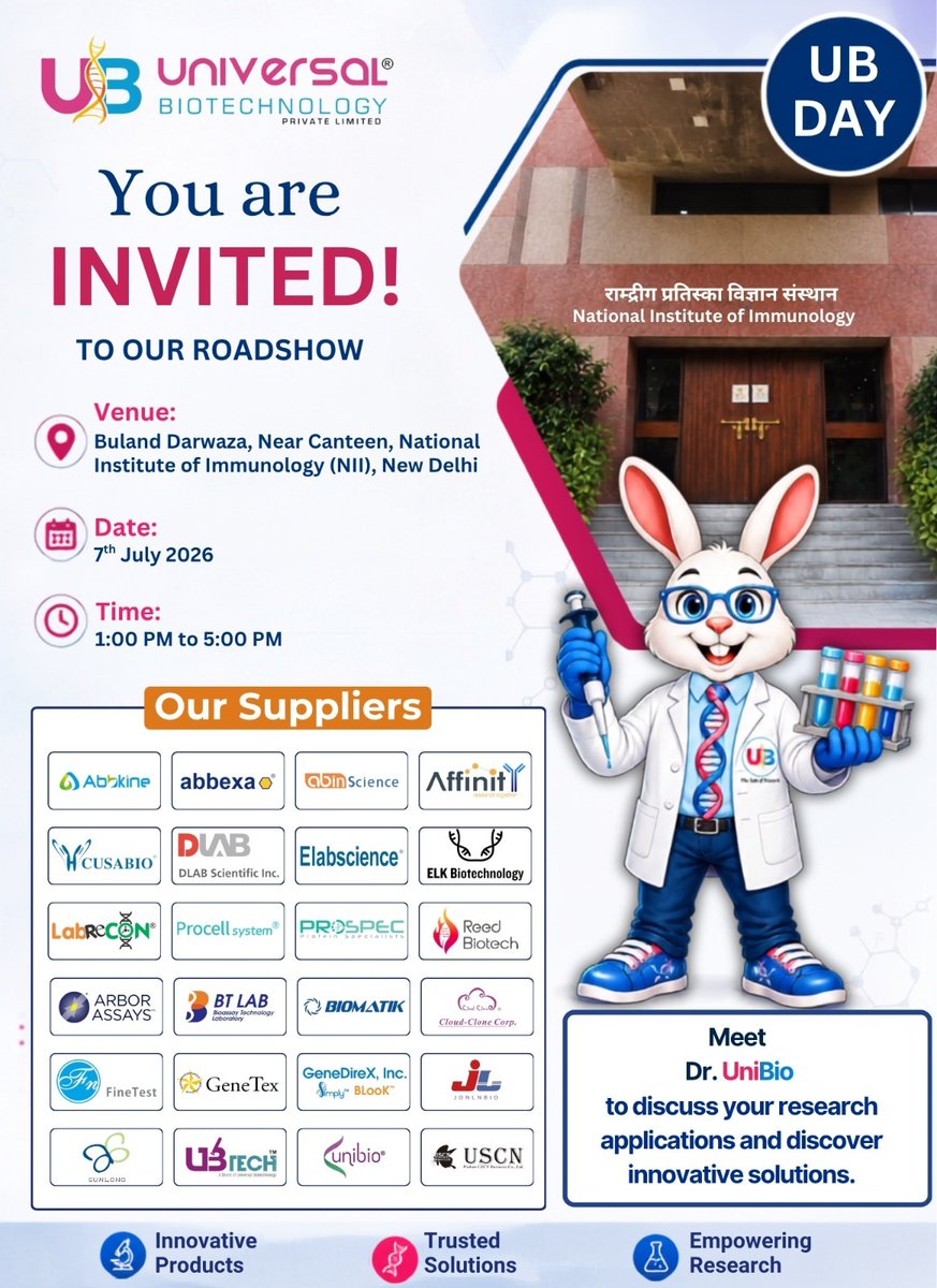 unibiotech's tweet photo. 🔬 Join us at the 𝗥𝗼𝗮𝗱𝘀𝗵𝗼𝘄 at the 𝗡𝗮𝘁𝗶𝗼𝗻𝗮𝗹 𝗜𝗻𝘀𝘁𝗶𝘁𝘂𝘁𝗲 𝗼𝗳 𝗜𝗺𝗺𝘂𝗻𝗼𝗹𝗼𝗴𝘆 (𝗡𝗜𝗜), featuring 𝗚𝗲𝗻𝗲𝘁𝗲𝘅, 𝗘𝗹𝗮𝗯𝘀𝗰𝗶𝗲𝗻𝗰𝗲, 𝗮𝗻𝗱 𝗣𝗿𝗼𝗰𝗲𝗹𝗹!

📍 Buland Darwaza, Near Canteen, NII
📅 7 July 2026 | ⏰ 1:00-5:00 PM

#Universalites #NII https://t.co/HbBwd4EywN