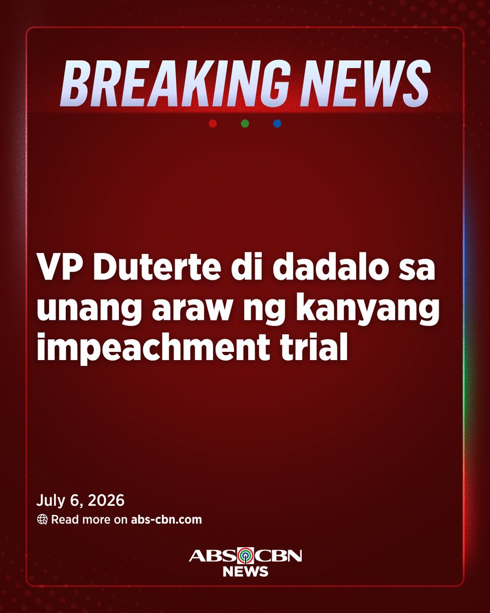 ABSCBNNews's tweet photo. BREAKING: Hindi dadalo sa impeachment trial ngayon si VP Sara Duterte, ayon sa kanyang legal counsel na si Atty. Michael Poa. | via @JohnsonManabat https://t.co/zxadBpsZG0