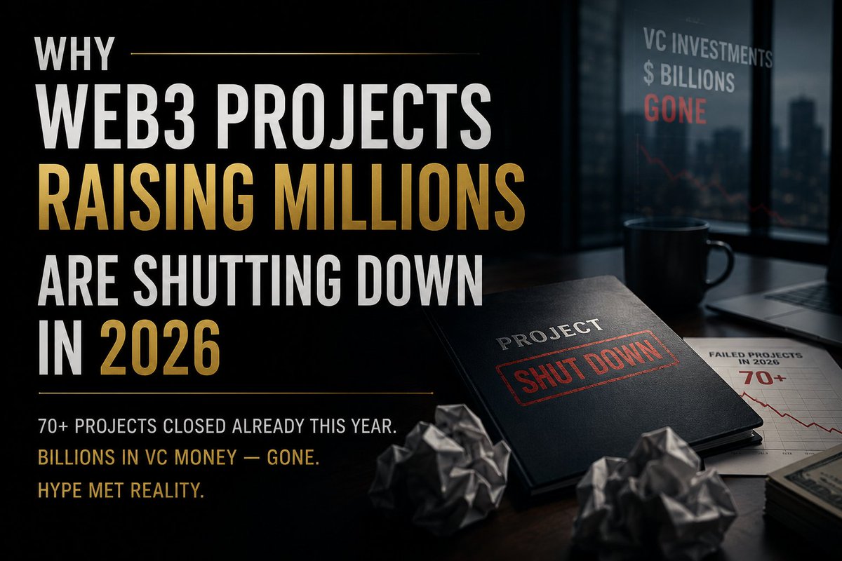 ProofLab_quest's tweet photo. Why Web3 Projects Raising Millions Are Shutting Down in 2026: 
The Data That Hurts
70+ projects closed already this year. 
Billions in VC money  gone. Hype met reality.
The brutal reset explained + key examples in a table

Why It Happens

Raised on bull-market hype and narratives, not proven revenue.
Bear market exposed weak product-market fit and high burn rates.
Investors chased "the next big thing" with portfolio bets.
Result: Consolidation. Survivors focus on real utility.