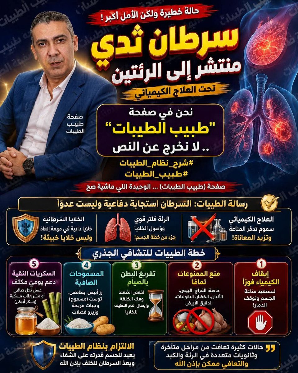 AliAli137278's tweet photo. وصفة المرحوم ضياء العوضي حسب اجتهادي جمعتها من كلامه وتجاربه مع مرضى السرطان خاصة وممكن تفيد الجميع مع العلم انها بسيطة جدا ومن غير تاويلات ولا تنويع .
1* صيام اسبوع كامل صيام اسلامي اواكثر من 16ساعة بالنسبة للي ما يعرفش الصيام الاسلامي يعني لا اكل ولا شرب لغاية 16ساعة اسبوع كامل يوم ورا يوم اي كل يوم سحور ثم صيام ثم افطار .
2* ابتداءا من الاسبوع الثاني صيام اثنين وخميس فقط وكل 13/14/15 من كل شهرقمري اساسي 
بالنسبة للاكل وطريقة نظام الطيبات للصحور والاكل فترة الصيام والرجاء الالتزام بما يلي :
1*اول يوم صيام : تتسحر ثلاث تمرا وكاس ماء قليل مولتر ماء, وفي الفطارتفطري على تمرةاو ثلاث وشوية ماء وبعد ما تاكل شيء لمدة ساعة ونصف/ ساعتين بعد بتسلقي البطاطس وتحطي عليها ملح  بس و ما تشبعش والسحور ثلاث تمرات وميه وتصوم.
2* تفطري على تمرةاو ثلاث وشوية ماء وبعد ما تاكل شيء لمدة ساعة ونصف/ ساعتين بعد بتسلقي البطاطس وتحطي عليها ملح وخل وزيت زتون/او سمنة  وتاكل بس ما تشبعش ولازم تقوم جيعان في السحور والسحور ثلاث تمرات وميه وتصوم.
3* ثالث يم نفس الفطار ونفس الصحور 
4* رابع يوم نفس الفطار لكن ممكن تغير البطاطس بالرز العادي( بسماتي خشن في الاكل من المستحسن لا وان لا يوجد الا البسمتي مسموح) الرز مسلوق في الماء والملح طري وبعدين تحط عليه زيت زيتون او زيت عادي او سمنة وتاكل بالشفاء  بس ما تشبعش ولازم تقوم جيعان في السحور ��السحور ثلاث تمرات وميه وتصوم.
5* نفس اليوم الرابع
6*  نفس اليوم الرابع
7* نفس اليوم الرابع
8* ابتداء من اليوم الثامن نفس السحور, بس الفطار نفس اليوم الرابع ونظيف عليهم شوية لحم ضانئ وشربته (الشربة هي اللحمة تسلقها في الماء وزيت وملح وزعتر شوية زعتر مو كثير لتغيير الطعم فقط وبعد تصفي مرق اللحم وتشربها مع الرز واللحمة وما تنسى ملعقة الخل وزيت زيتون وما تشبعش وقطعة لحم صغيرة مو كيلو لحمة .
ابتداءا من النهار التاسع تفطر يوم وتصيم يوم لغاية اليوم 15واللحم مرة وحدة في الاسبوع من اليوم9 الى غاية يوم 15.
من الاسبوع الثالث تبتدي تصوم اثنين وخميس و13/14/15 من كل شهر قمري او عربي نفس الوصفة اللحمة ضاني بالاخص مرتين في الاسبوع ويمكن تغيرها بكبدت او حمام بس لا تنسى مرتين في الاسبوع فقط ومرة سمك بحر فقط مرة في الشهر) 
من الاسبوع الثالث الى غاية ثلاث اشهر باذن الله :
الفطار هو نفسه لكن السحور ممكن حتة مربى (خاصة التين /كرموص) عنب التوت فقط, على  ربع رغيف توست محمر(يتقرمش ) والتزم بربع مو توست كامل ومعاه شوية عصير علب نكتار بالسكر ليس طبيعي او عصير قصب او ماء وعسل او ماء وسكر حسب ضروف الناس كلها نفسها .
نستمر نغير الماكولات البسيطة وننوعها كل يوم مع تغيير المربى بنيوتيلاومرتين في الاسبوع لمدة ثلاثة اشهر لغاية ستتة اشهر والابتعاد خالص لوجه الله عن الممنوعات خالص ولاالبهارات الخضر والغلال بس عنب عشر حبات و التين وحدة فقط نصف موز, ونوع واحد غلال يتاكل كل يوم .
لا 
#صباح_الخير