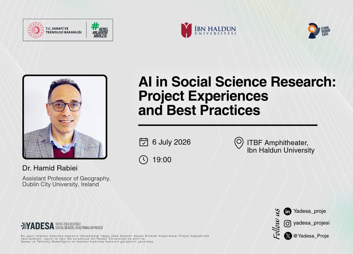 Yadesa_Proje's tweet photo. Join us for an engaging experience-sharing session!

Speaker: Dr. Hamid Rabiei
Assistant Professor of Geography, Dublin City University, Ireland
Date: Monday, 6 July 2026
Time: 19:00
Venue: İTBF Ömer Faruk Harman Conference Hall https://t.co/fX5WbwwlVj