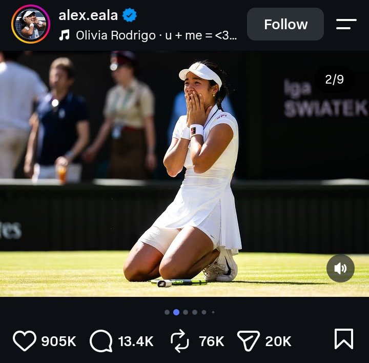 statsoirbu's tweet photo. Alex Eala, a Filipina tennis player used Olivia Rodrigo's 'u + me = <3' in her latest Instagram post celebrating her latest historical Wimbledon R3 win. https://t.co/zLTSrO3Wsw