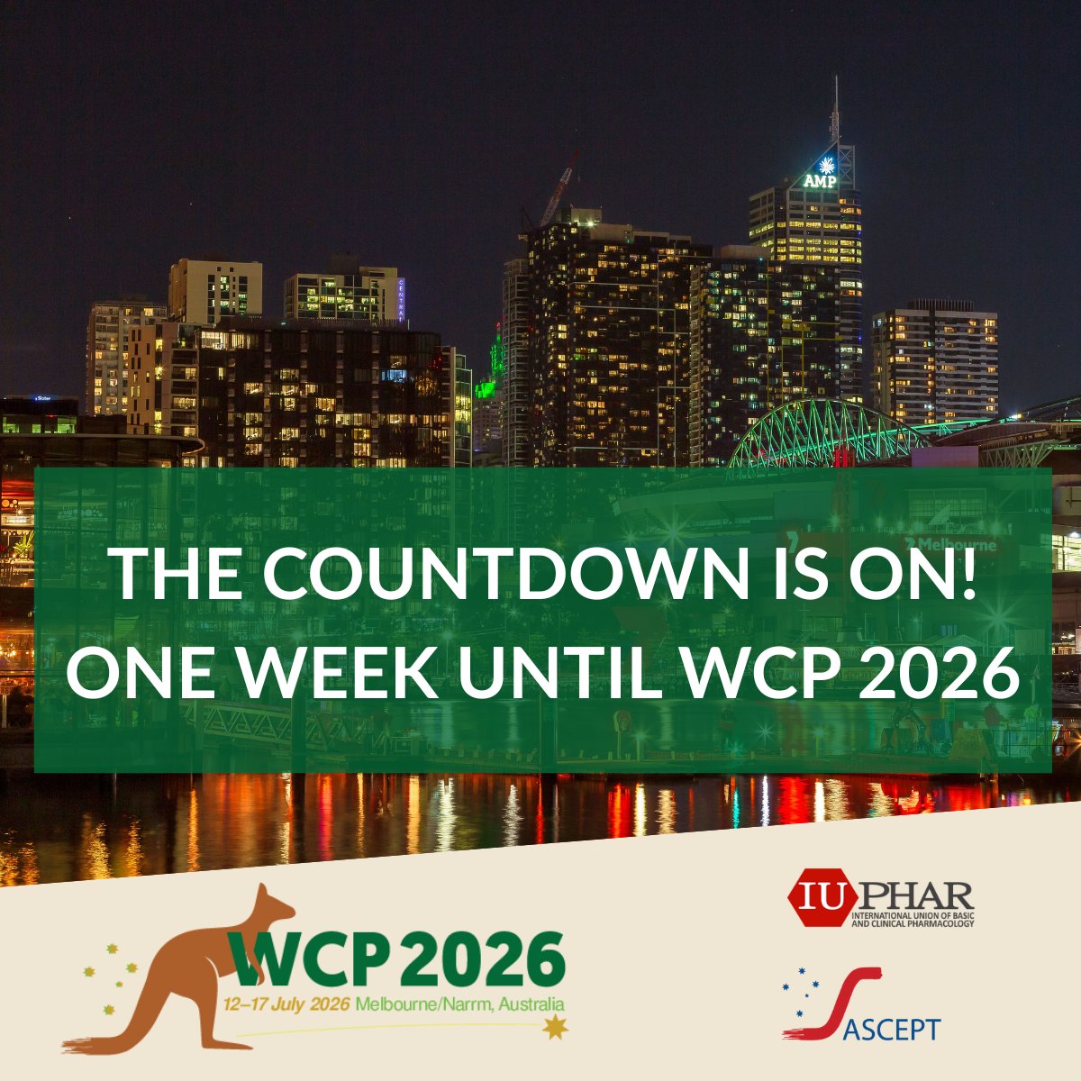 WCP2026's tweet photo. ⏰ The countdown is on! Just 1 week until #WCP2026!
We are looking forward to welcoming delegates from around the world to Melbourne for an incredible week of science, collaboration and networking.
There's still time to be part of it:
🔗 https://t.co/yLkYjKxhpK
#IUPHAR #ASCEPT https://t.co/Owfi44nssR
