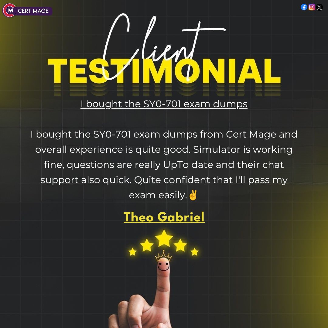 Cert_Mage's tweet photo. Real feedback from a Cert Mage client preparing for SY0-701: updated practice questions, a smooth simulator, and quick chat support helped build exam confidence.

Review: https://t.co/5KfZQOhT5F

#CertMage #SY0701 #SecurityPlus #Cybersecurity https://t.co/XHgWN3hXSS