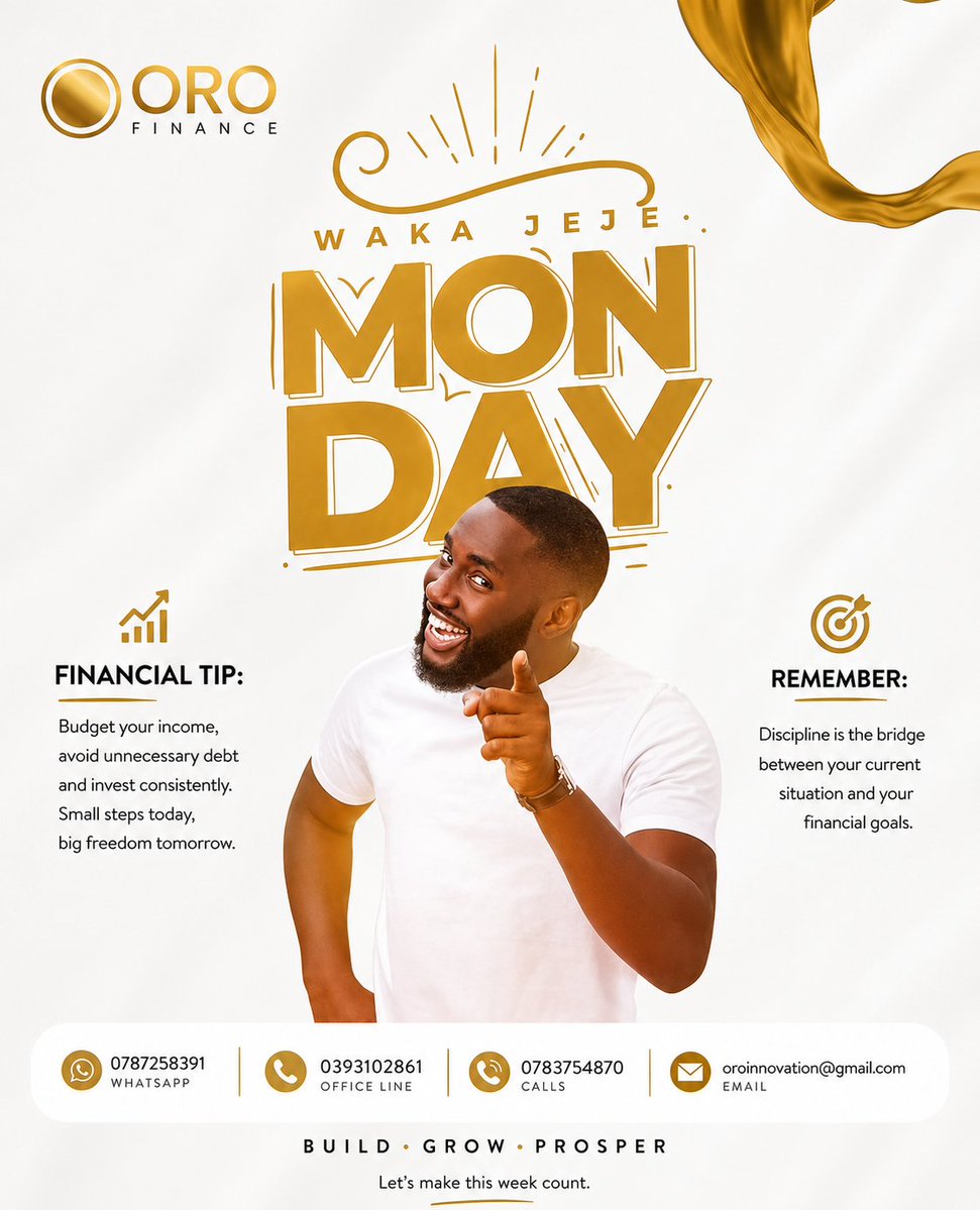 InnovationOro's tweet photo. Monday mindset: Every small financial decision you make today shapes your future. 💰✨
Budget wisely, avoid unnecessary debt, and invest consistently. Build. Grow. Prosper.
📞 WhatsApp: 0787258391
#MondayMotivation #MondayVibes #FinancialTips #OROFinance #MoneyMatters https://t.co/cL4E4pbqX8