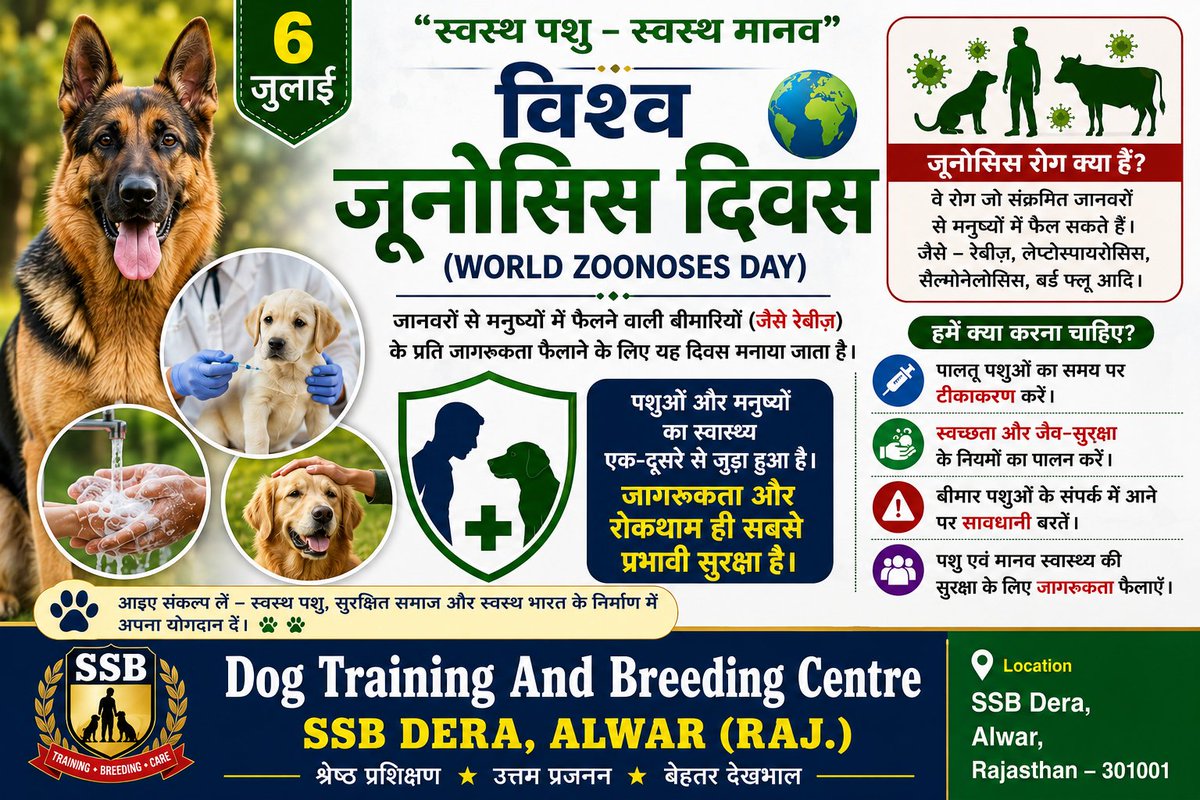 SSBDTBCDERA's tweet photo. 🌍 विश्व जूनोसिस दिवस (World Zoonoses Day) – 6 जुलाई

जूनोसिस वे रोग हैं जो जानवरों से मनुष्यों में फैल सकते हैं, जैसे रेबीज़। इस दिवस का उद्देश्य पशु एवं मानव स्वास्थ्य के प्रति जागरूकता बढ़ाना है। https://t.co/GjWPtd8jXu
