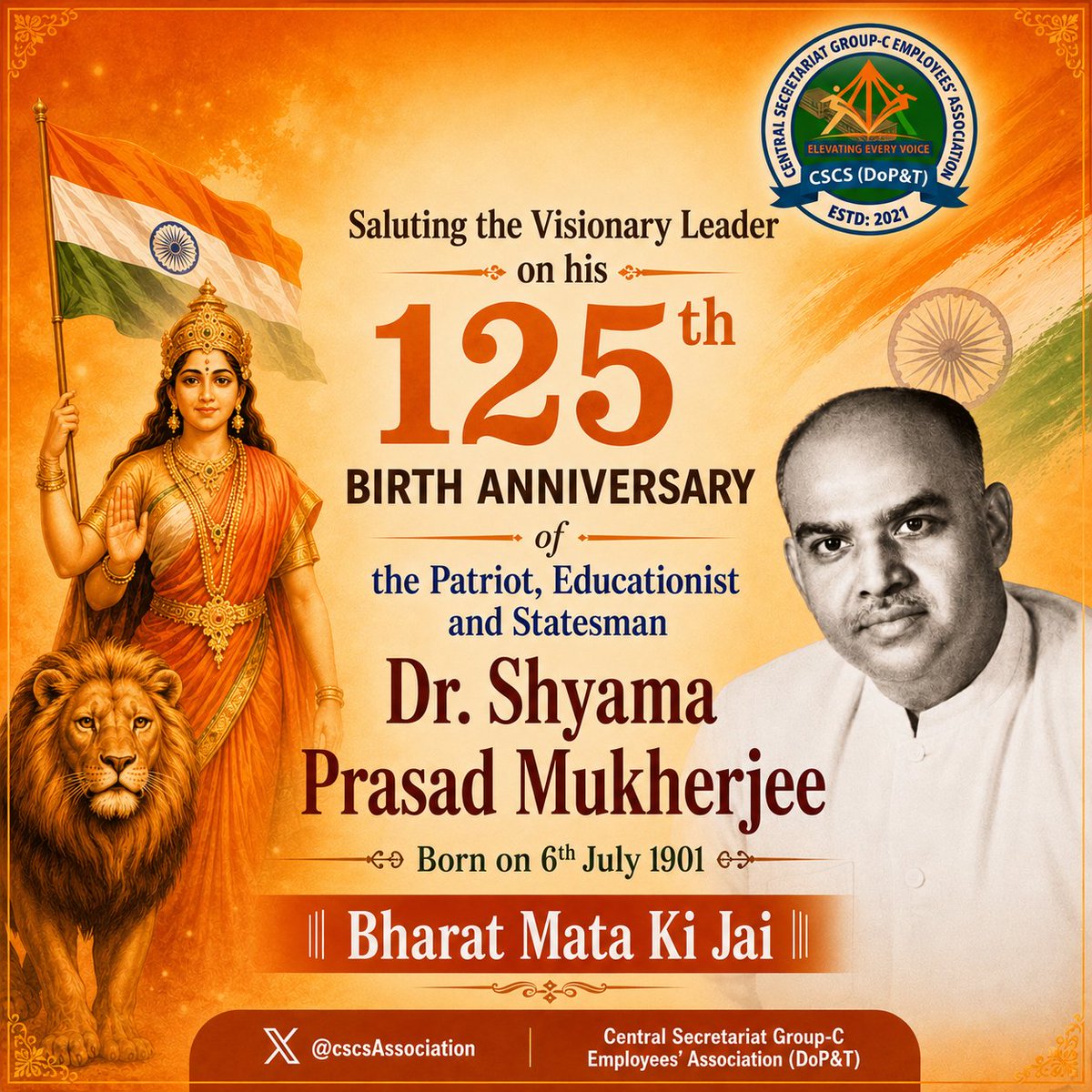cscsAssociation's tweet photo. On the 125th Birth Anniversary of Dr. Shyama Prasad Mukherjee ji , we pay our heartfelt tributes to a visionary patriot, educationist and nation-builder.
His unwavering commitment to  national unity, self-reliance and public service continues to inspire generations.
Let us reaffirm our resolve to serve the nation with dedication, integrity and commitment.
Humble tributes to Dr. Shyama Prasad Mukherjee Ji.
#DrSyamaPrasadMookerjee #125thBirthAnniversary #NationFirst #BharatMataKiJai #CSCSAssociation #CentralSecretariat #DoPT #India
