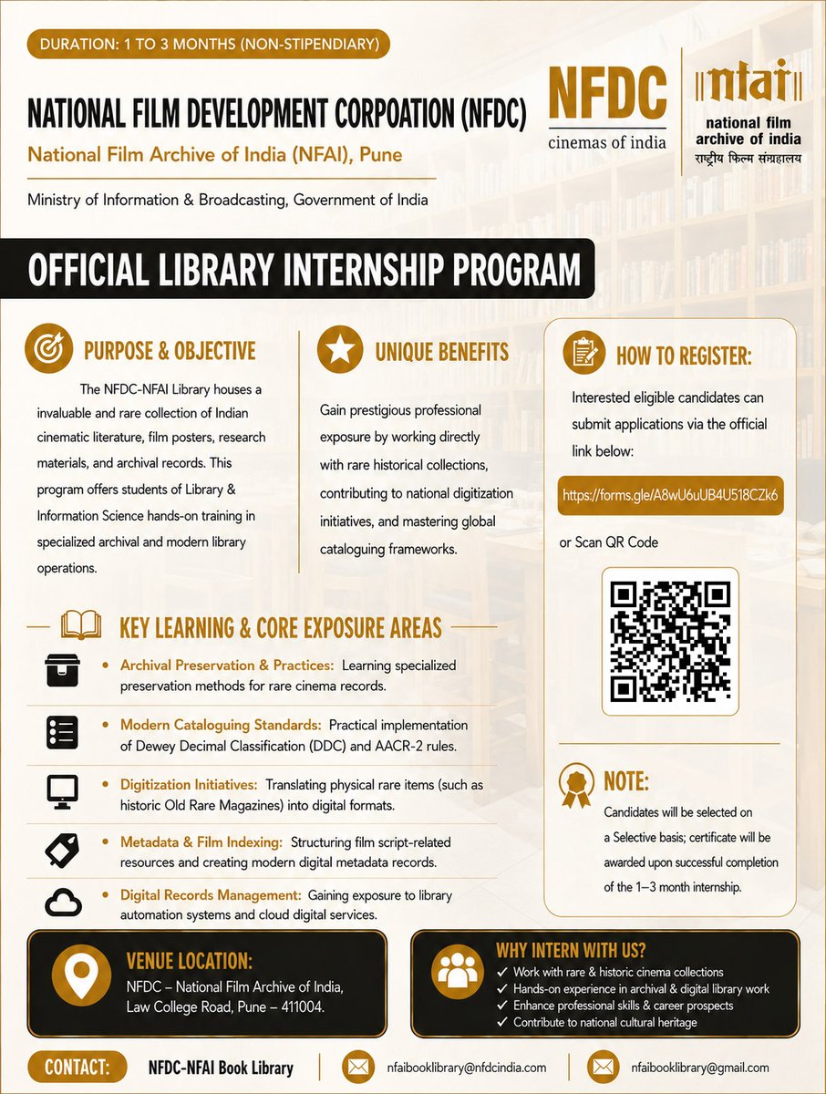 NFAIOfficial's tweet photo. Applications Invited | Official Library Internship Programme

NFDC–National Film Archive of India (NFAI), Ministry of I&amp;B, invites applications from Library &amp; Information Science students.

📍Pune | 1–3 months (Non-stipendiary)

Apply: https://t.co/KkVCBslFvd https://t.co/6qZPirOxco