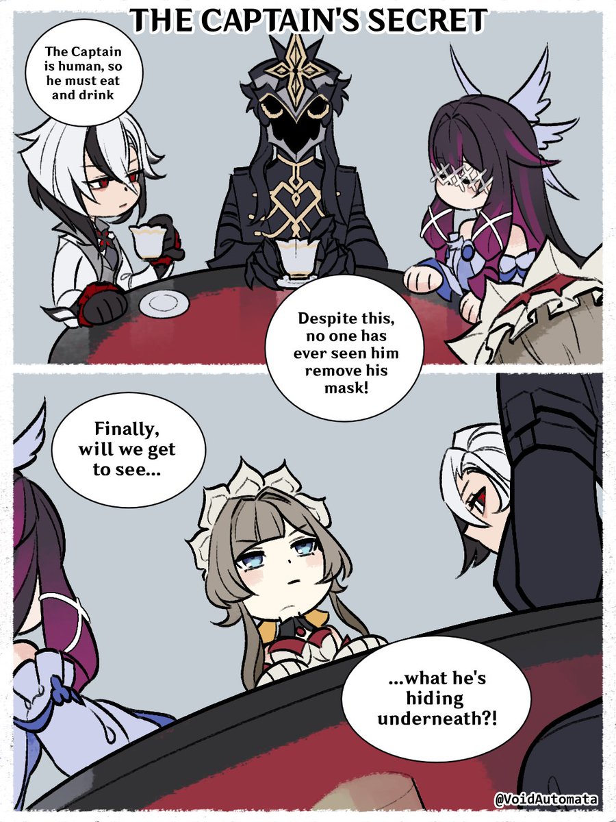 VoidAutomata's tweet photo. 🍵 Harbinger Tea Party ‼️

What's hiding under Capitano's mask is...
#GenshinImpact #Sandrone #Columbina #Arlecchino #Capitano #Tartaglia https://t.co/BuXjbvvHQU