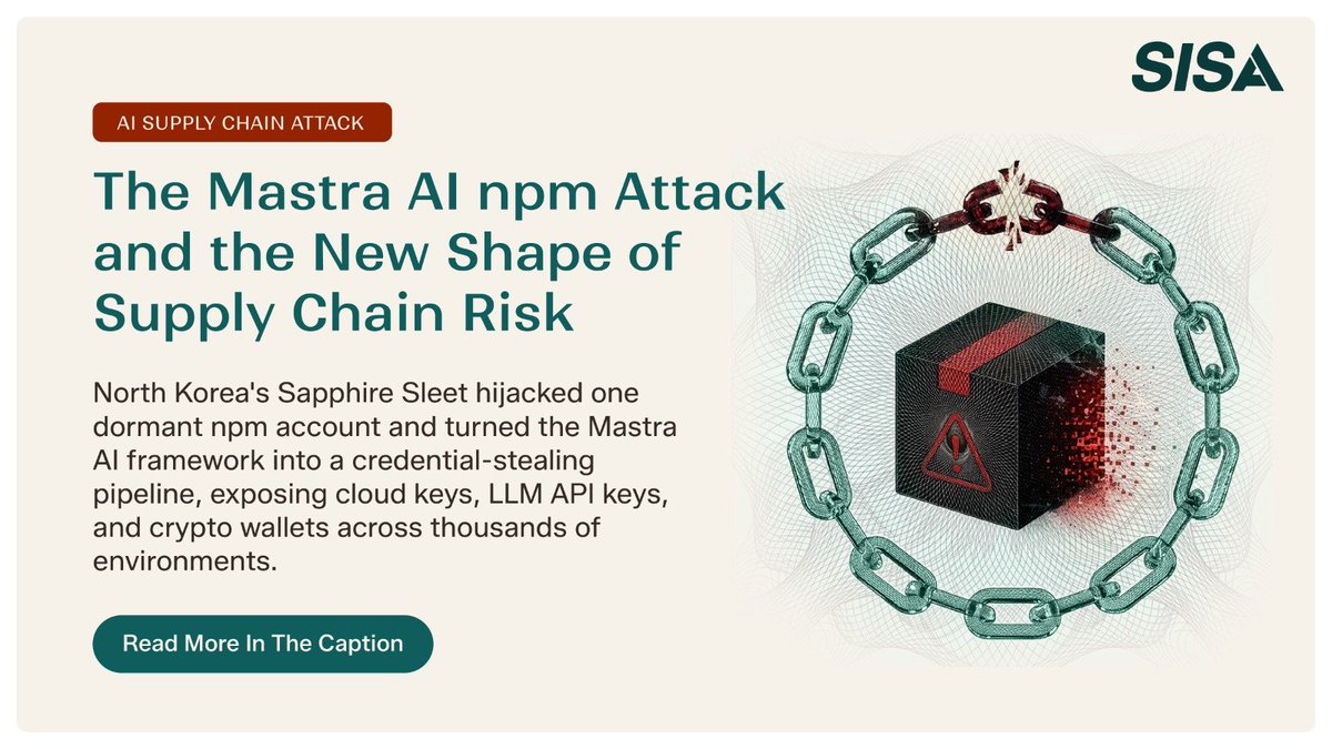 sisainfosec's tweet photo. A stale credential was all it took.

Sapphire Sleet, the #NorthKorean state-linked group Microsoft also tied to the Axios npm compromise earlier this year, hijacked a dormant #MastraAI maintainer account and pushed malicious updates across 140+ packages in the @mastra scope.

Read the fill breakdown: https://t.co/03Ny7Hj7qz