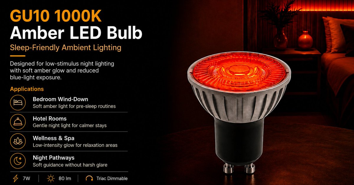 Tecolite_LED's tweet photo. A room does not always need to be brighter.

Sometimes, it just needs to feel calmer.

TECO GU10 1000K Amber LED Bulb brings a soft, deep amber glow for bedrooms, hotel rooms, wellness spaces, and quiet night-time areas.

Warm, gentle, and less visually harsh than strong white light, it helps create a more relaxed atmosphere for evenings and rest-focused spaces.

Perfect for wind-down lighting, soft hotel ambience, spa rooms, and calm night guidance.

#TECO #AmberLighting #GU10Lighting #LowBlueLight #BedroomLighting #HotelLighting #WellnessLighting
可以给x写吗？