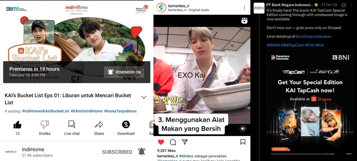 aa_jongin's tweet photo. Wajah Kai menghiasi deretan BUMN dan Kementerian di Indonesia mulai dari ;

Indihome - Kementerian Kesehatan - BNI https://t.co/lu8KYLsR7Y