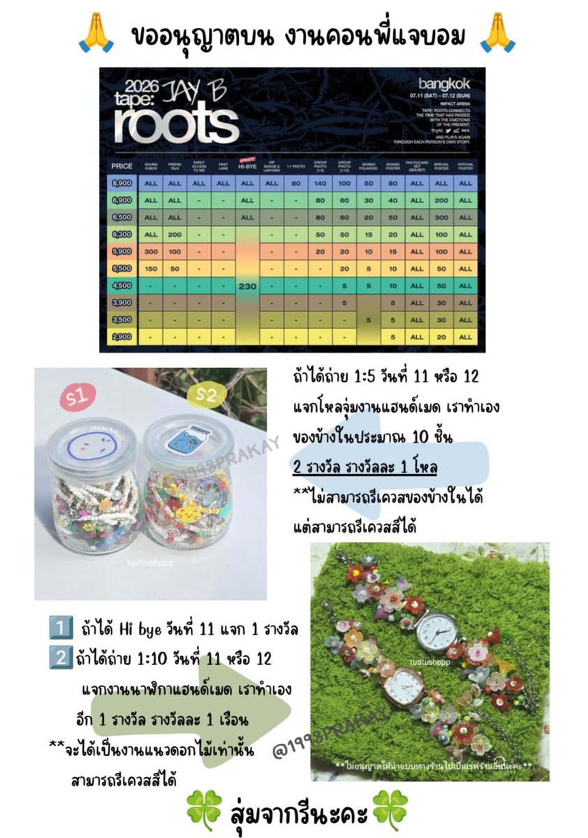 1998Prakay's tweet photo. 🙏ขอมาบนงานคอนพี่แจบอมค่ะ🥹🍀

รายละเอียดของที่จะแจกตามในรูปน้า

- สุ่มผู้โชคดี วันที่ 7 กค นี้นะคะ -

🌷รีไส้ได้เลยค่ะ สุ่มจากรีน้าา

#2026tape_roots_bkk #JAYB https://t.co/j4tEK2HUXo