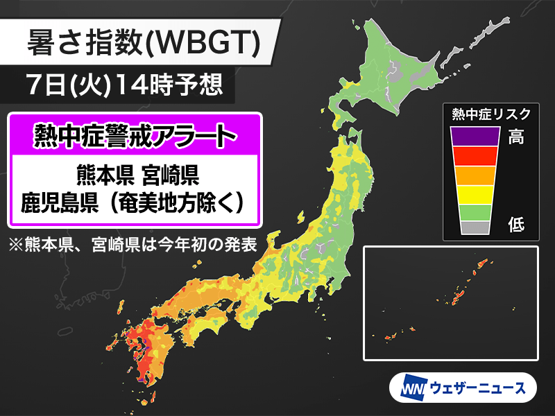 wni_jp's tweet photo. 【熱中症警戒アラート】
環境省と気象庁は、明日7月7日(火)を対象とした熱中症警戒アラートを熊本県、宮崎県、鹿児島県（奄美地方除く）に発表しました。熊本県と宮崎県では今年初の発表です。こまめに水分を補給するなど、熱中症予防をしっかり行ってください。
https://t.co/yM4Gsmgp8m https://t.co/PXCRTpuyPG