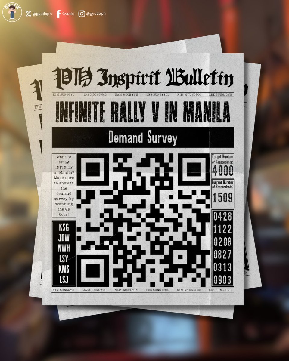 gyutieph's tweet photo. [SURVEY UPDATE]

Hi INSPIRITS! 👋🐹

We are once again very grateful for your support on the ongoing INFINITE in Manila demand survey. 

In just one week, we were able to collect a total of 1509 out of 4000 respondents 👏👏 We weren’t able to reach our target goal in just a week but still, we did a great job in reaching our current number! 👏👏

We have submitted our first week update to our interested organizer and as we wait for the result of our survey, let us still continue to spread this survey until we reach our target goal.  

Simply scan the QR Code or click the link below. ⤵️⤵️
🔗: https://t.co/2eyuCvr3uD

Following our previous discussion prior to the launch of the survey form, we’d also like to announce that moving forward, our team will be handing over the Survey Form data to @infinitemanila. As a fanbase dedicated to INFINITE as a group, we believe that they are the appropriate team to manage and handle the Survey Form from here on.

Let’s bring INFINITE back in Manila and remind them we are still here waiting 🙏

#INFINITE #인피니트
#KIMSUNGKYU #김성규
#JANGDONGWOO #장동우
#NAMWOOHYUN #남우현
#LEESUNGYEOL #이성열
#KIMMYUNGSOO #김명수
#LEESUNGJONG #이성종 
#LV4InManila #LeapToVectorInManila
#INFINITEINMANILA
#INFINITERALLY5INMANILA