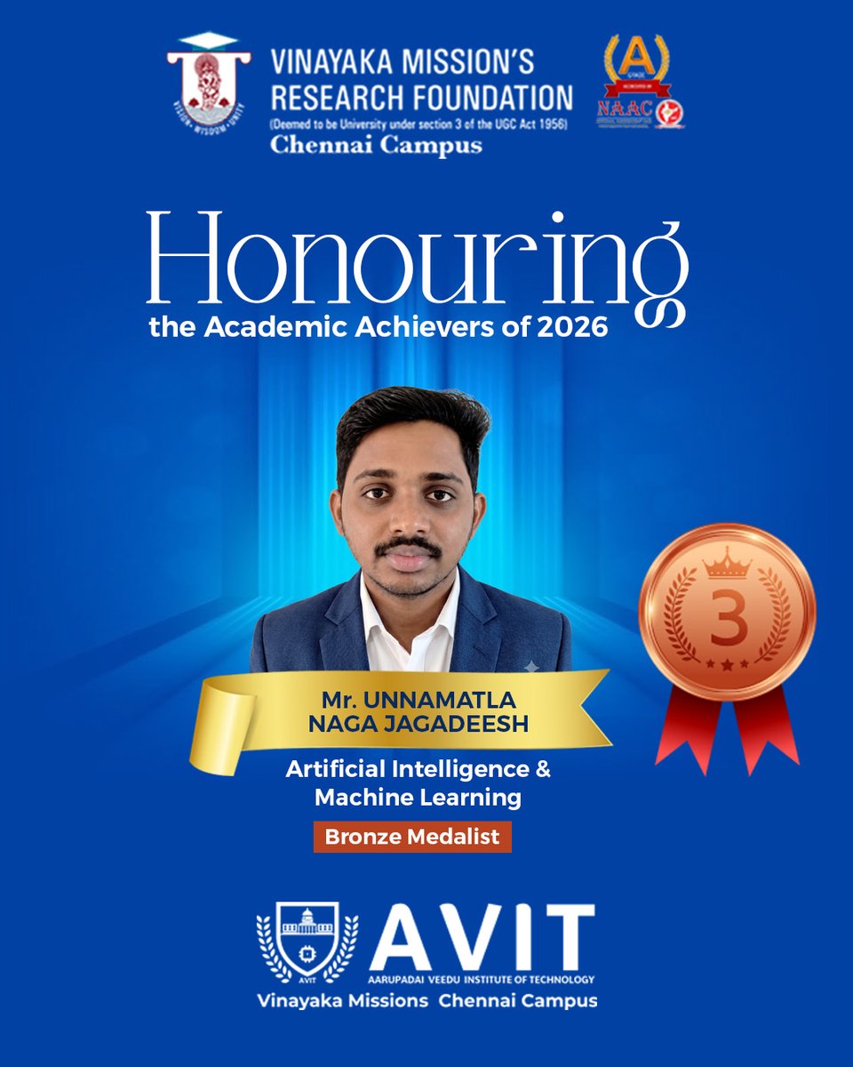 AVITChennai's tweet photo. Congratulations to the rank holders — your effort has truly paid off
#avit #vmrfdu #aiml #convocation #bronzedalist https://t.co/u1UQaDUWx1