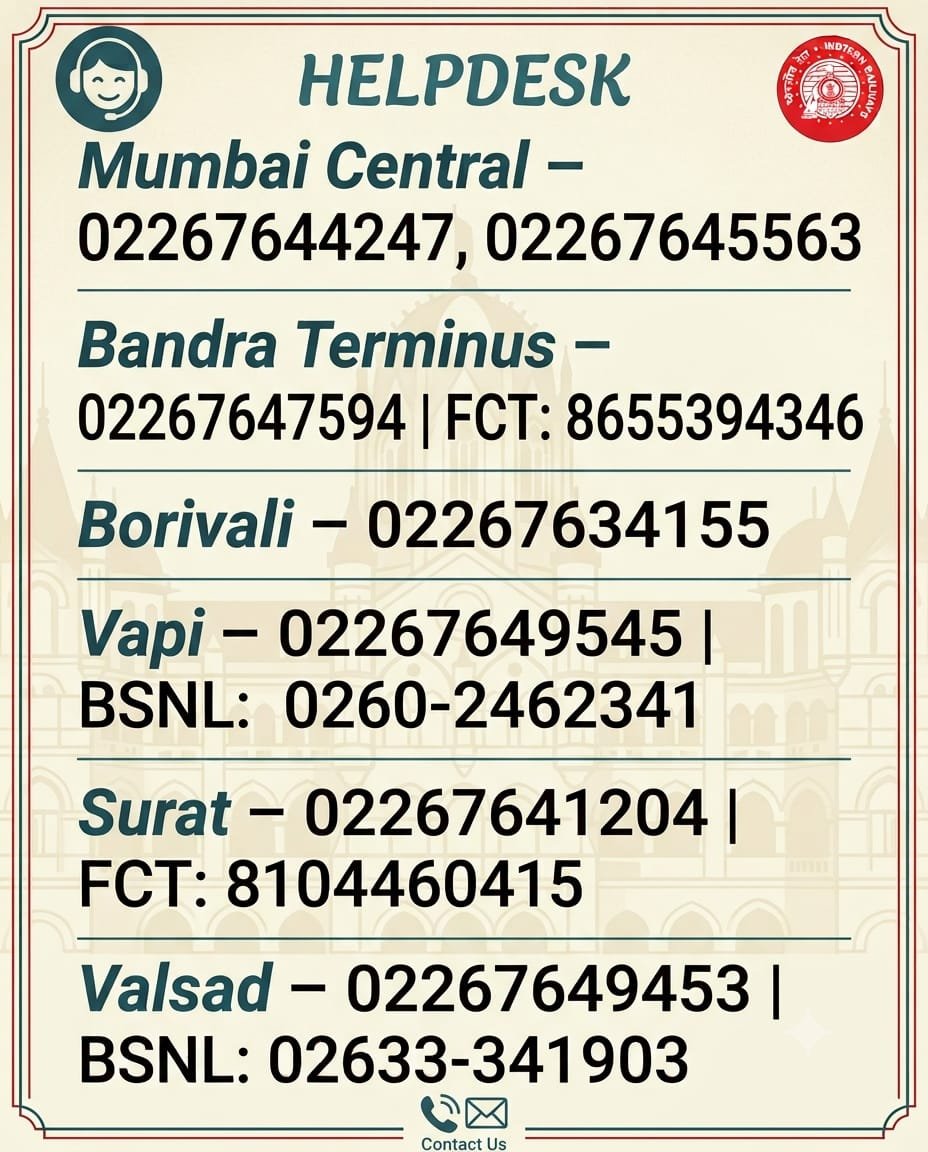 drmbct's tweet photo. Help Desks and Helplines have been established at various stations to provide guidance and assistance to passengers. @WesternRly https://t.co/TS9vSh6RWu