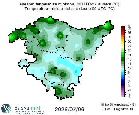 Euskalmet's tweet photo. 🌡#Tmin
📈Biharkoak altuagoak izango dira eta Kantauri isurialdeko leku askotan ez dira 20 ºC-tik jaitsiko.
📈Las mínimas del martes serán más altas y en muchas zonas de la vertiente cantábrica no bajarán de los 20 ºC. https://t.co/MJwnmSQW33
