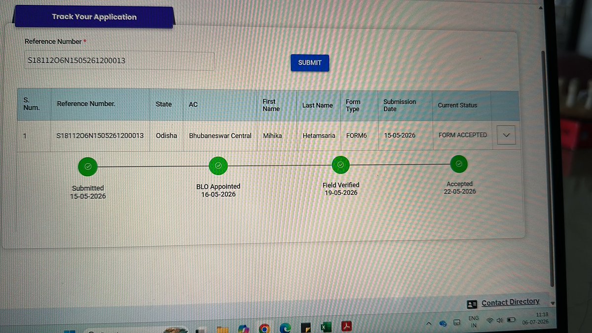hetamasaria's tweet photo. @OdishaCeo Filled up form-6 for my daughter on 15 May 2026. Status is showing field verified and form accepted on 22 May 2026. But name is not showing in list released yesterday https://t.co/jJqCIMuV28