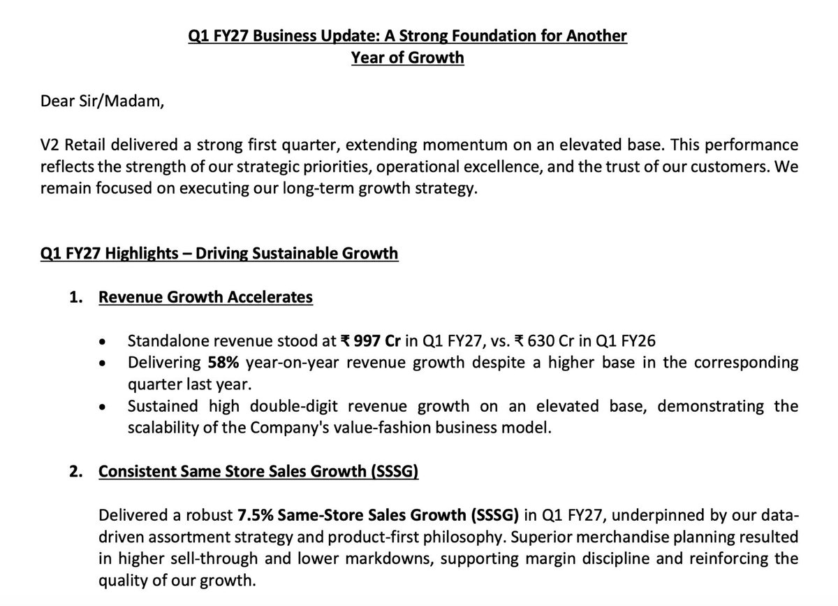 vklpm22's tweet photo. Good Q1 update from V2 Retail. Sales grew by fantastic 58% YoY.

Same-store sales growth (SSSG) stood at 7.5%. Now there is a lot of talk around it. So I’ll share my opinion:

1. Mgmt.’s answer is new stores are dragging down SSG
2. ⁠Then there is also a counter-thesis that new stores on the contrary have higher SSG on a smaller base of sales of a new store (like how we see in Zota). So maybe there is indeed a slowdown.

I personally don’t have any problem with this SSG. Willing to support mgmt. 

57 new stores were opened in Q1. So they can easily reach their 200 new store additions for this year. 

V2 now has 381 stores across India.

#indianstockmarket #stockstowatch